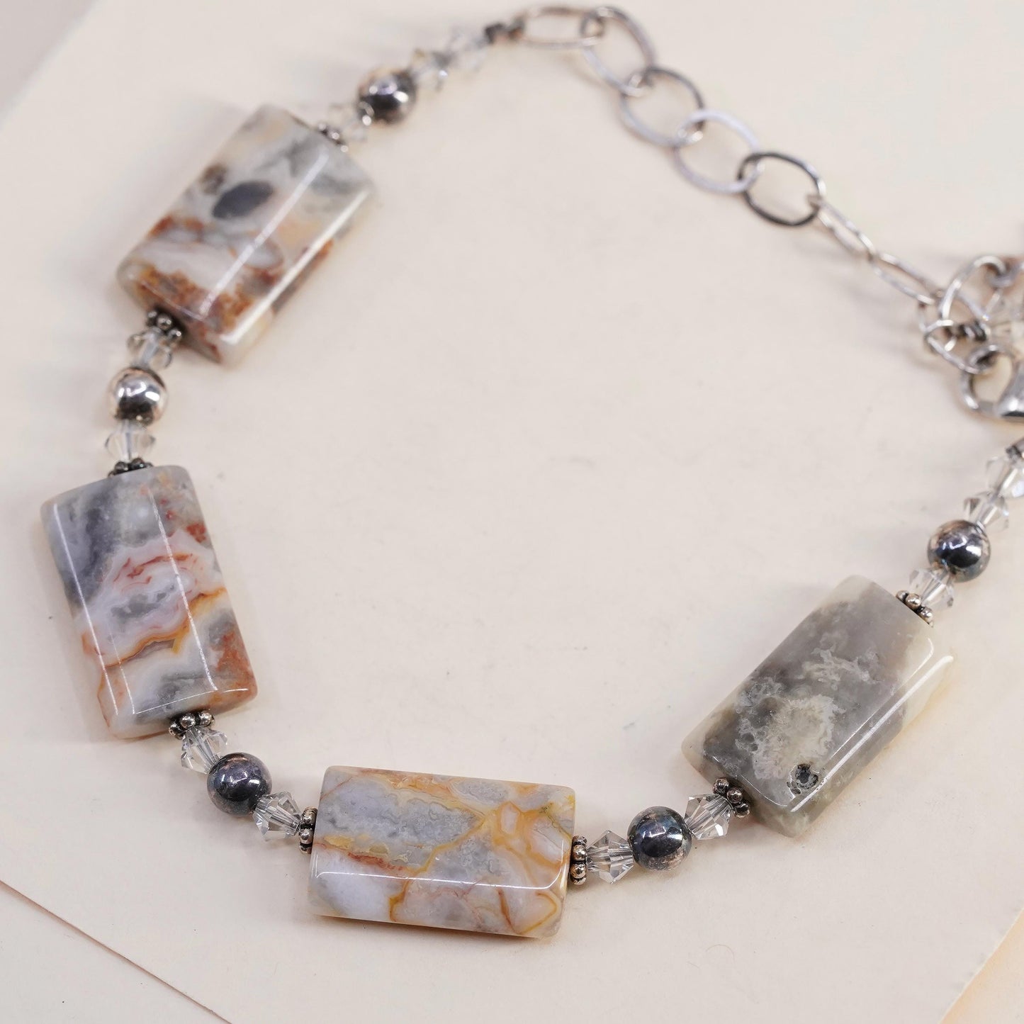 7+2", vintage Sterling 925 silver handmade bracelet with jasper links