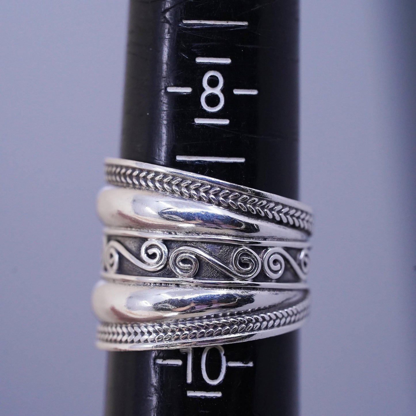 Size 8.5, Wide Sterling Silver Band Ring, Scroll Filigree Ring, Bohemian Unisex