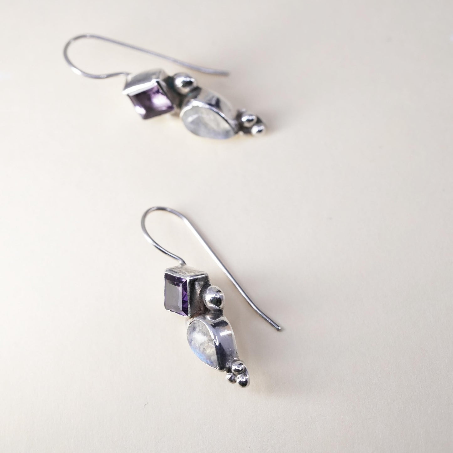 Vintage Sterling 925 silver handmade earrings with amethyst and moonstone
