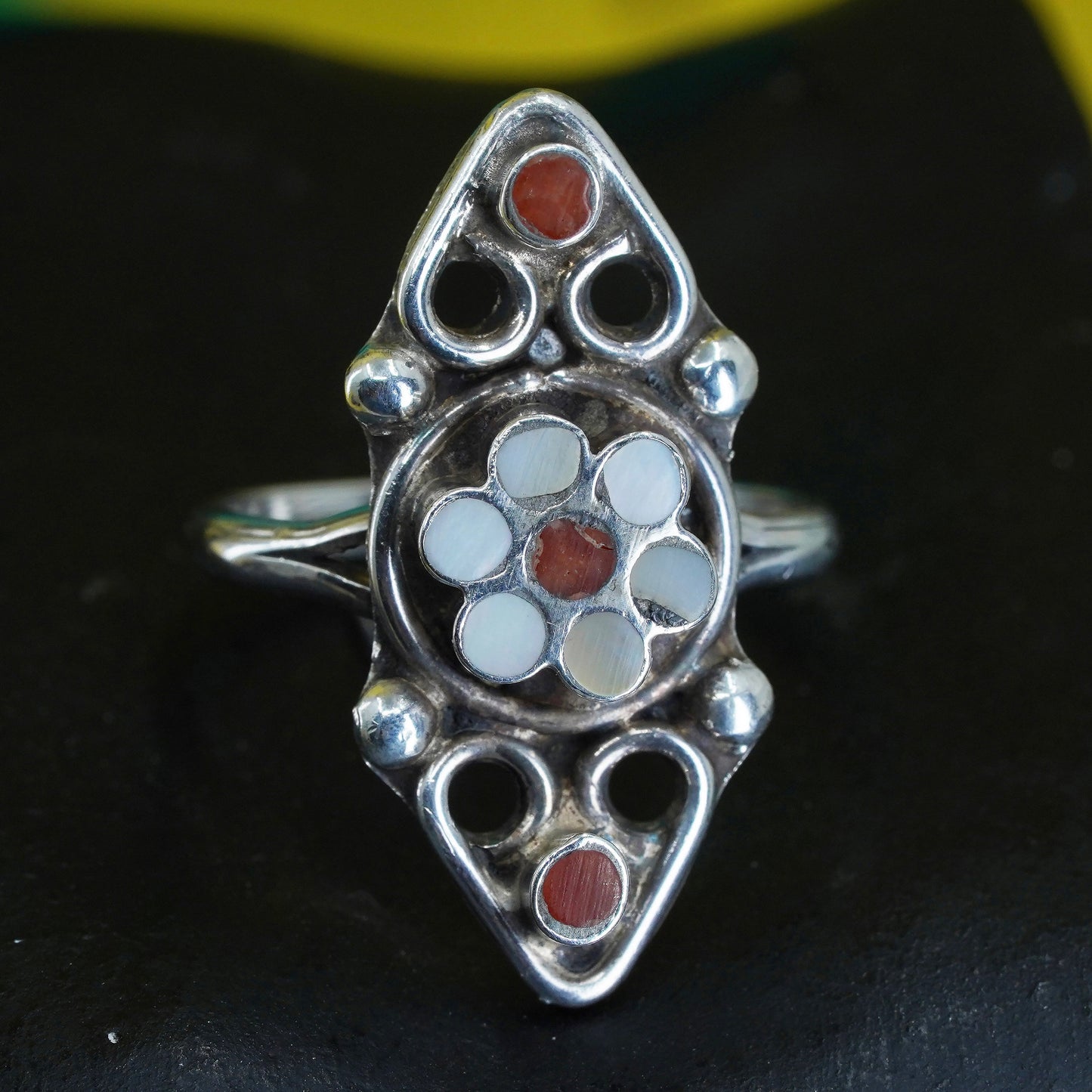sz 5.5, Sterling silver floral ring red coral mother of Pearl, Native American