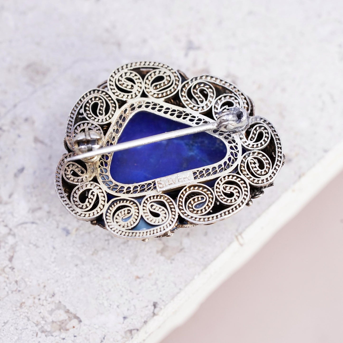 gold tone sterling silver brooch, 925 filigree pin with enamel and lapis lazuli