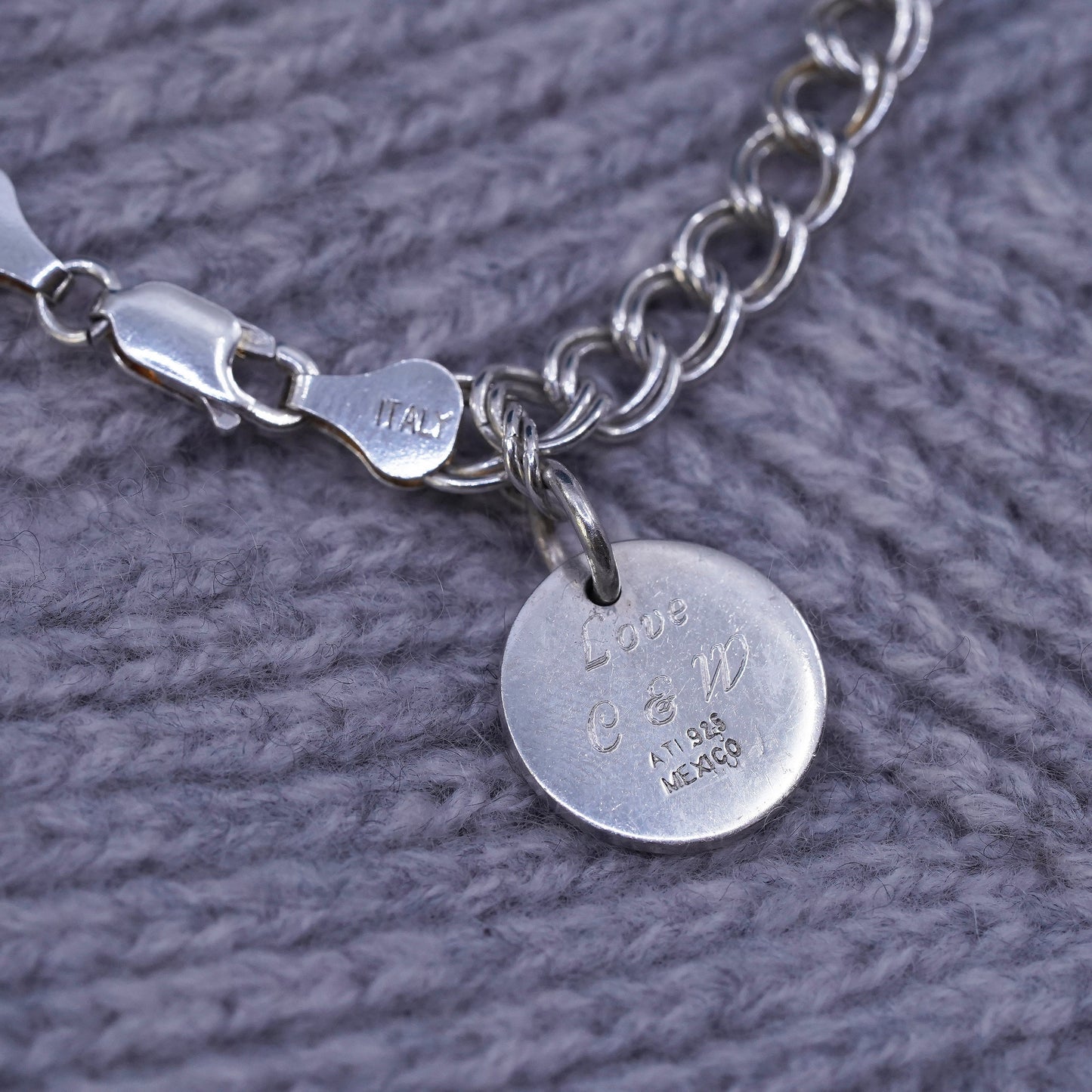 7.25" Sterling silver handmade bracelet, 925 double curb chain circle charm K