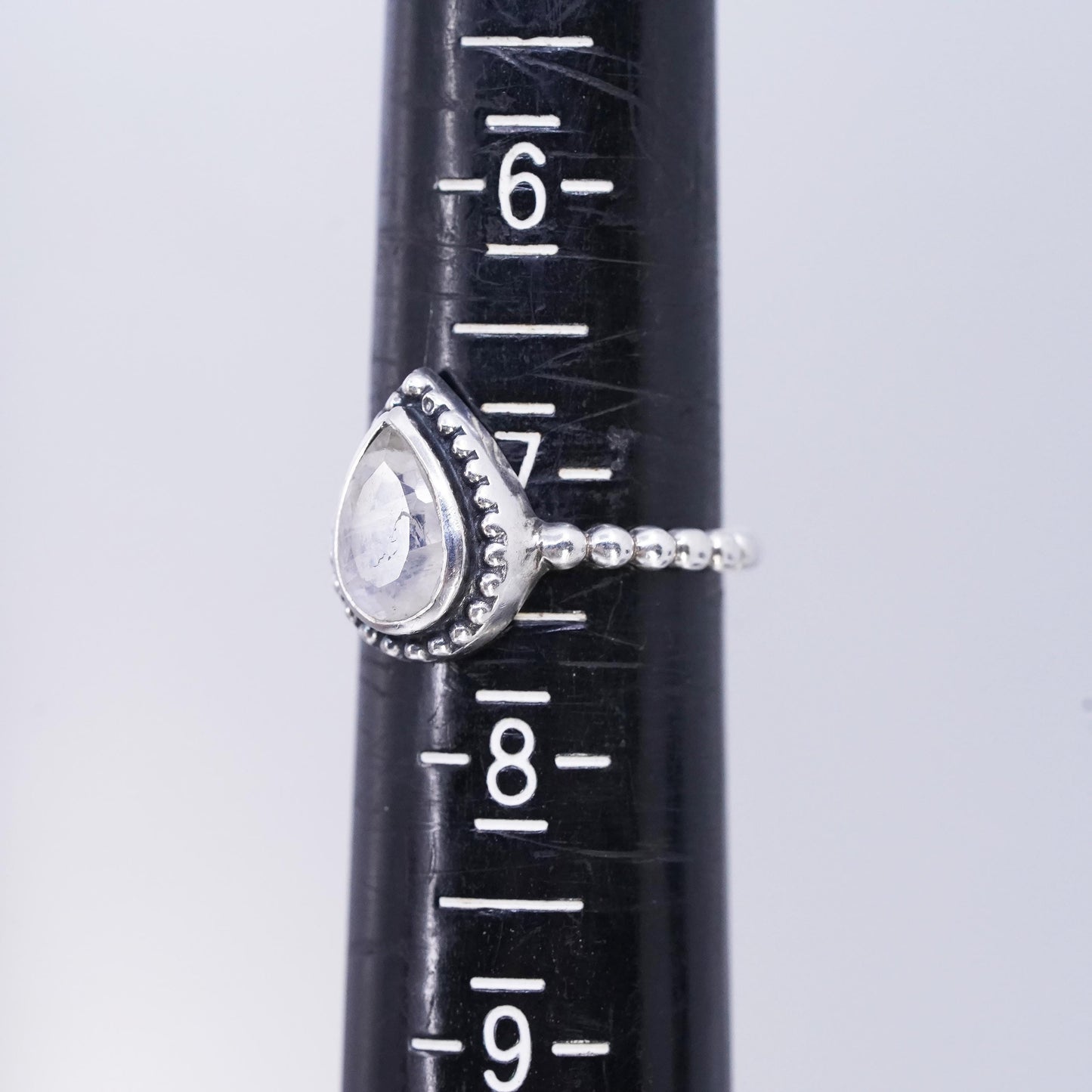 Size 7.25, YS Sterling 925 silver handmade beaded ring with teardrop moonstone