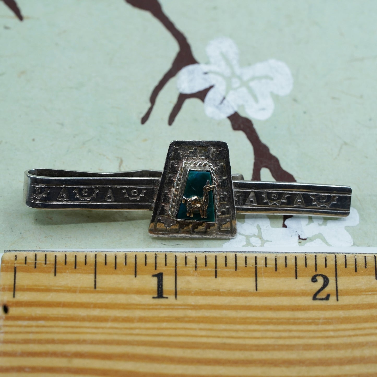 Vintage sterling 925 silver handmade tie clip with turquoise and llama