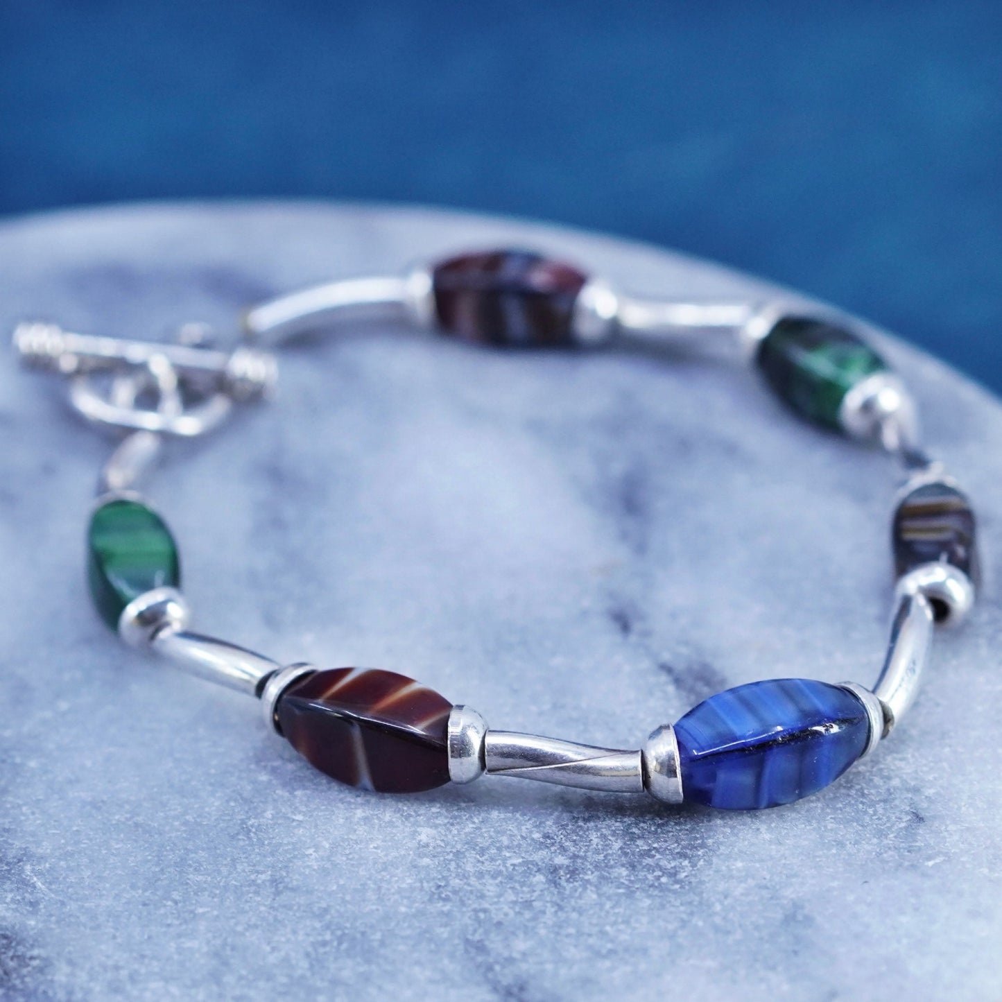 6.75”, vintage sterling silver handmade bracelet, genuine nugget agate beads