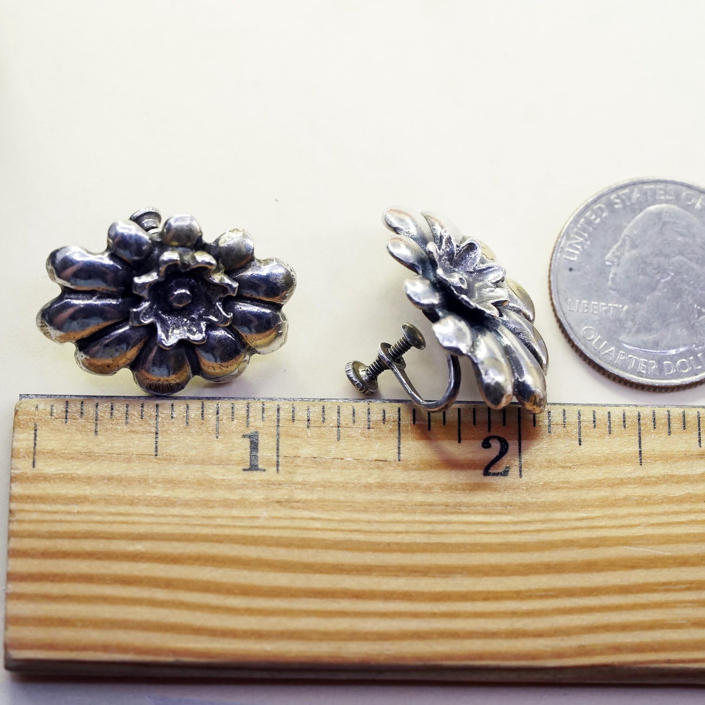 Vintage Sterling silver handmade earrings, 925 screw back flower earrings