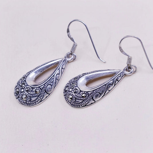 Vintage Sterling silver handmade earrings, 925 teardrop with marcasite, stamped 925
