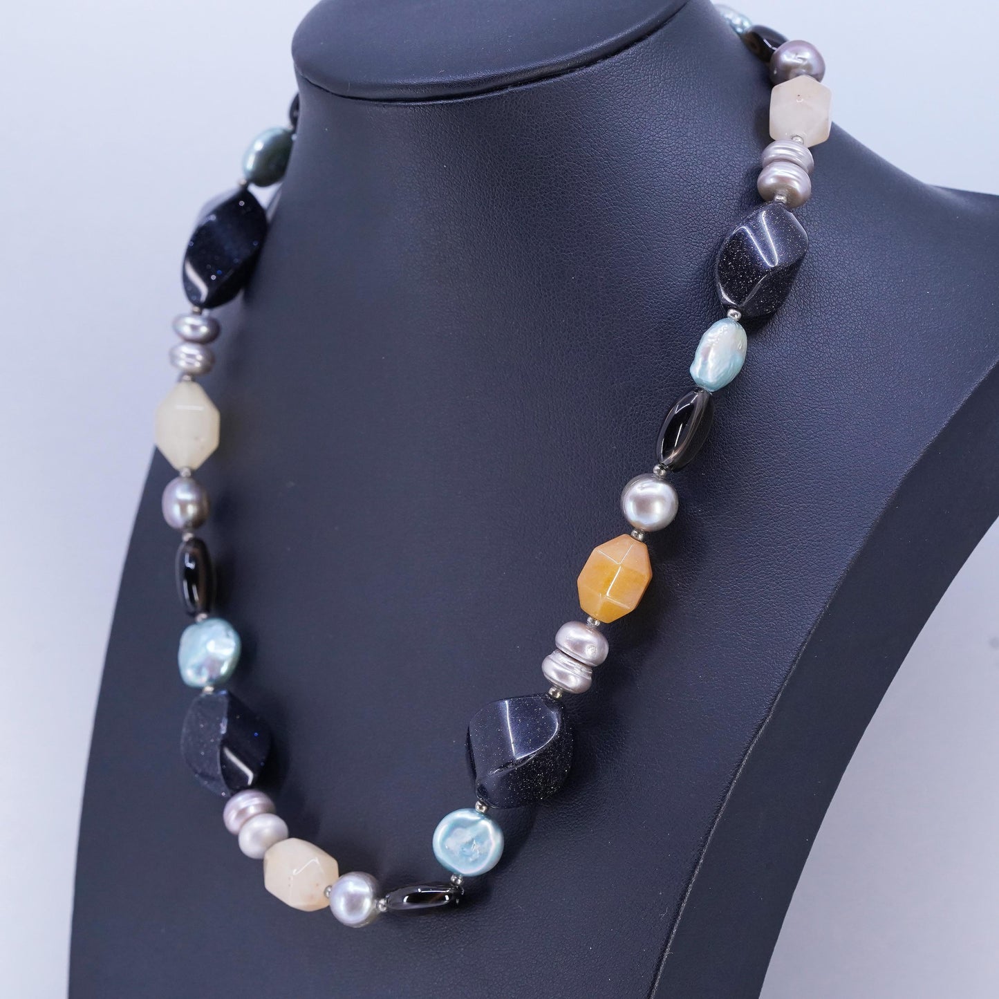 18", vintage Sterling 925 silver necklace with pearl citrine goldstone beads