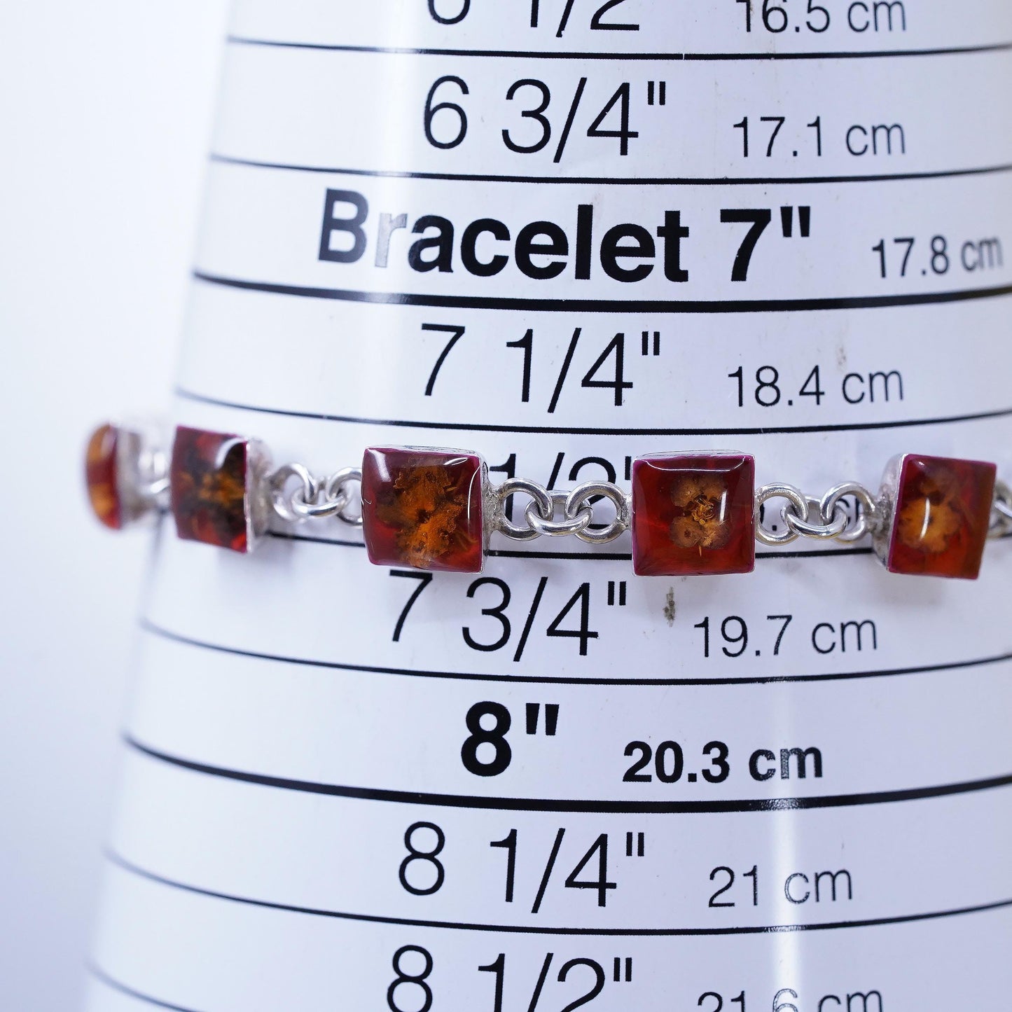 7.5", Sterling Silver Pressed Flower Bracelet, Botanical Resin Link chain, Red