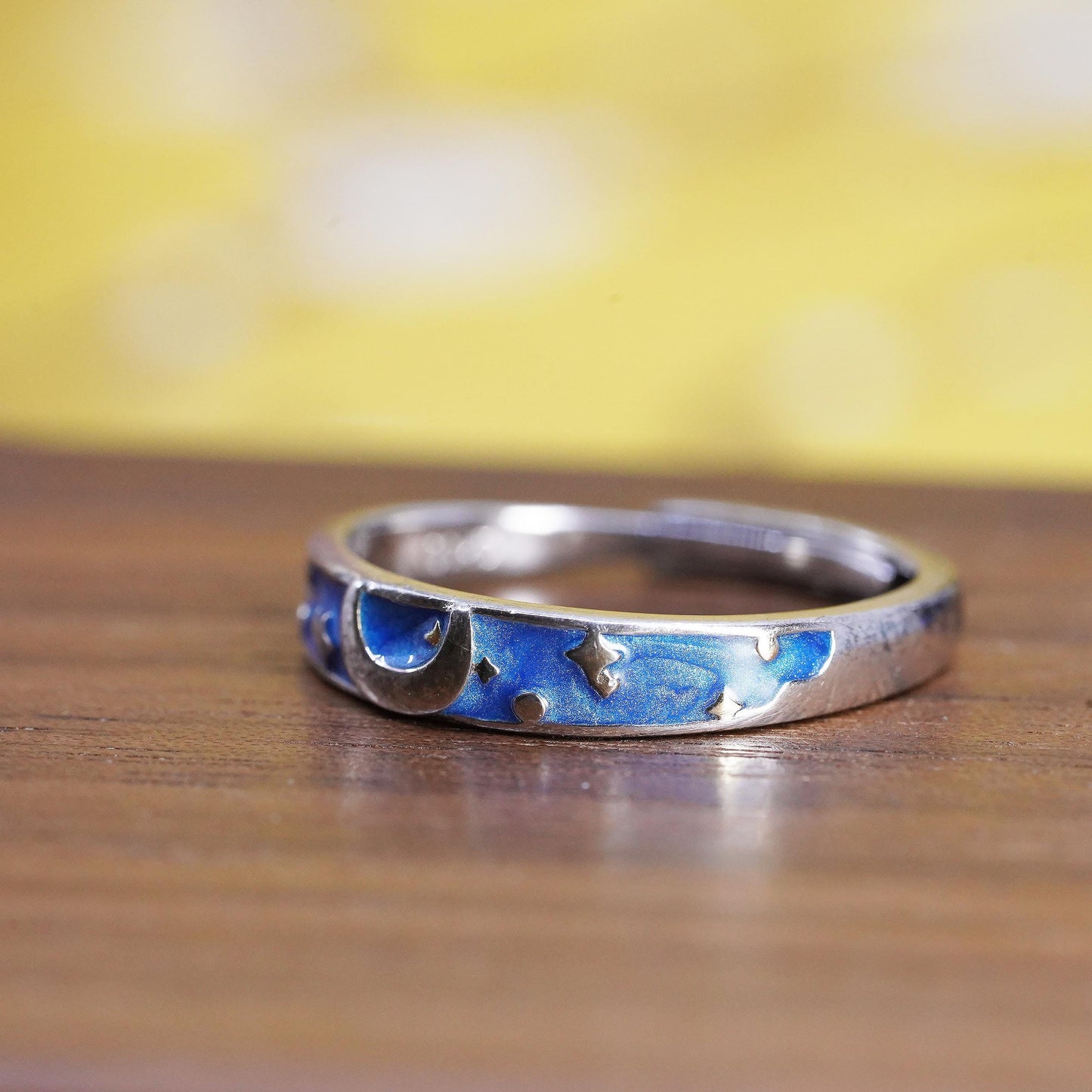 Size adjustable, vintage Sterling silver 925 ring with blue enamel moon star