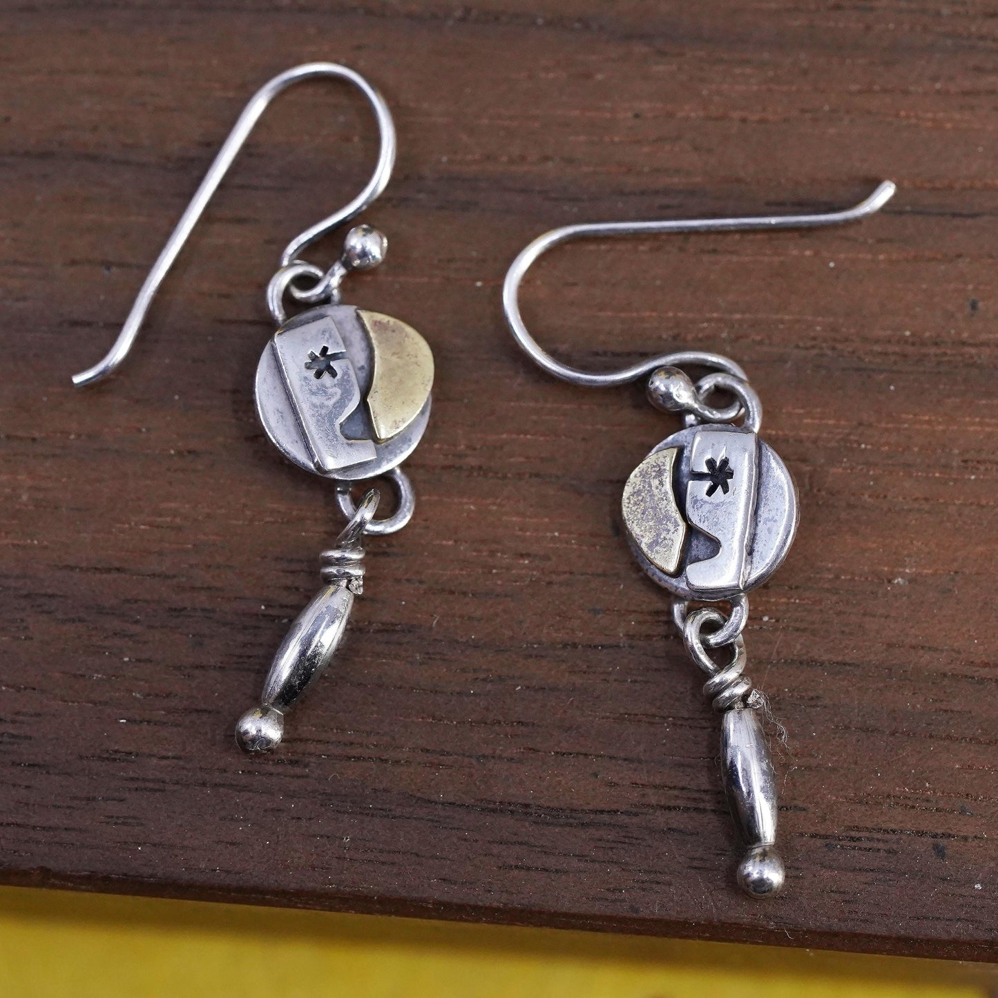 vintage Far Fetched two tone sterling 925 silver tag earrings with copper moon