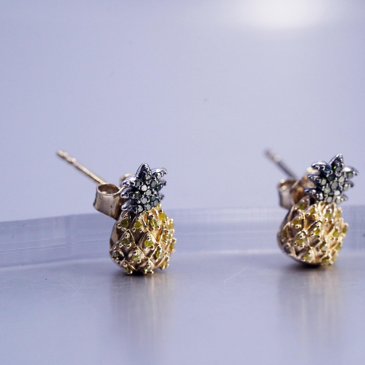 vermeil gold over Sterling 925 silver earrings, pineapple studs diamond emerald