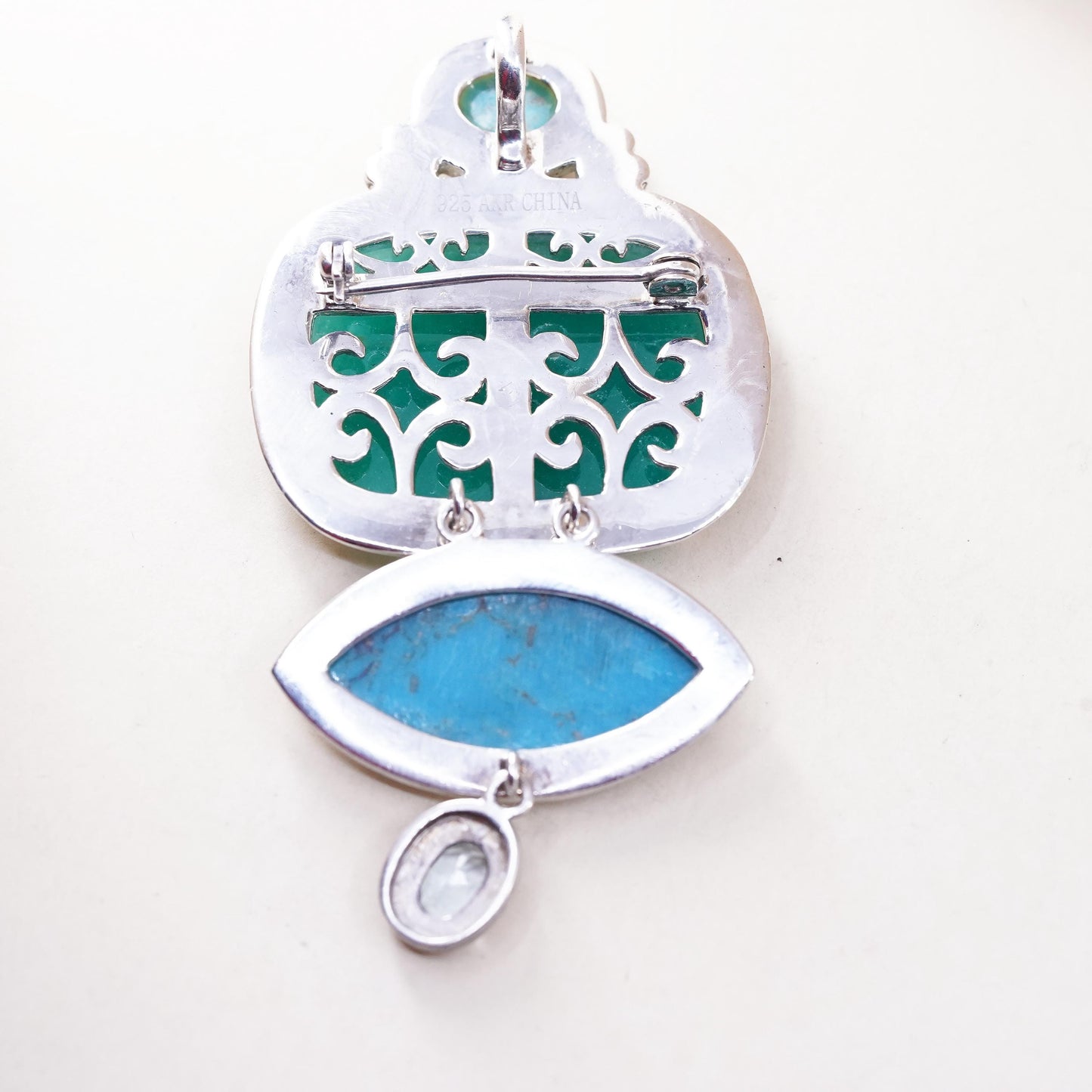 AKR Amy Kahn Russell Pendant Turquoise Carved Jade Brooch Sterling 925 Silver