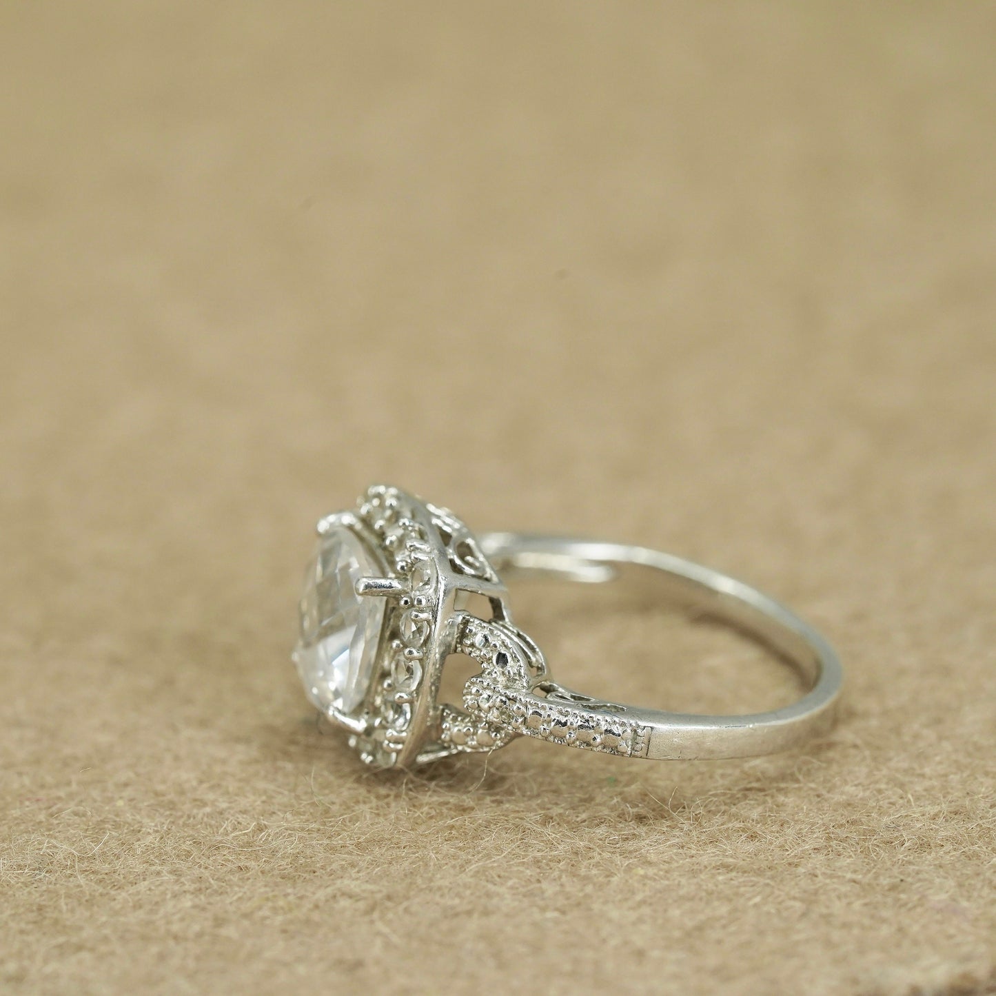 Size 7.5, vintage Sterling 925 silver handmade engagement ring with cluster Cz