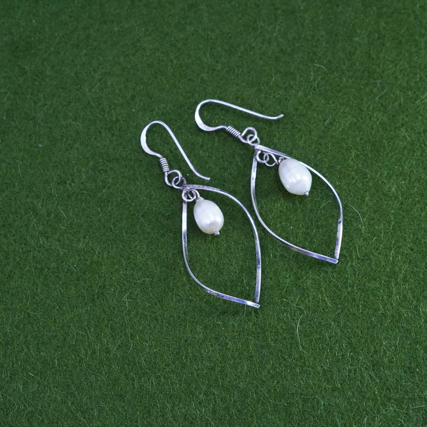 Vintage Sterling 925 silver handmade wavy earrings with pearl drops