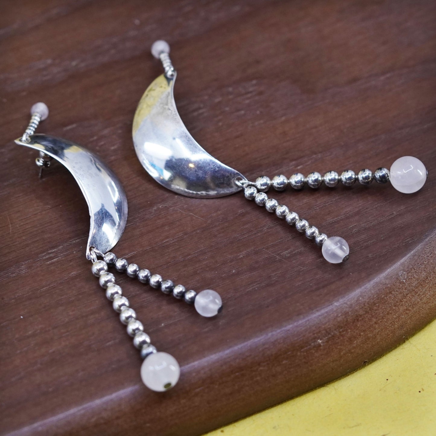 Southwestern Sterling 925 silver moon studs earrings with rose pink quartz