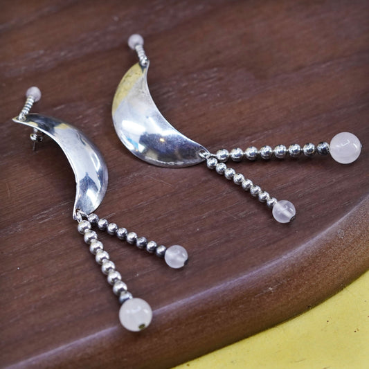 Southwestern Sterling 925 silver moon studs earrings with rose pink quartz