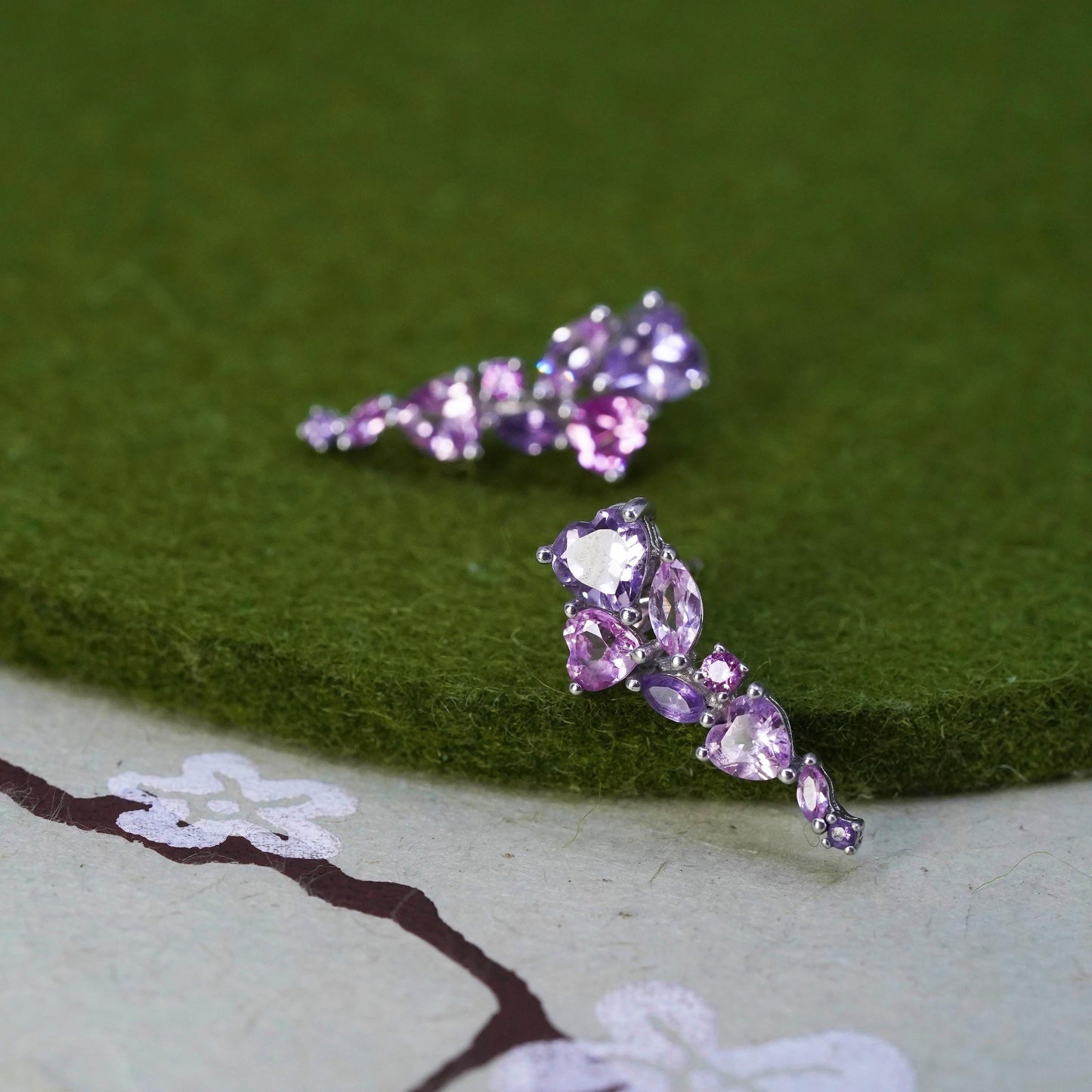 Vintage Sterling silver handmade earrings, 925 flower studs w/ cluster amethyst