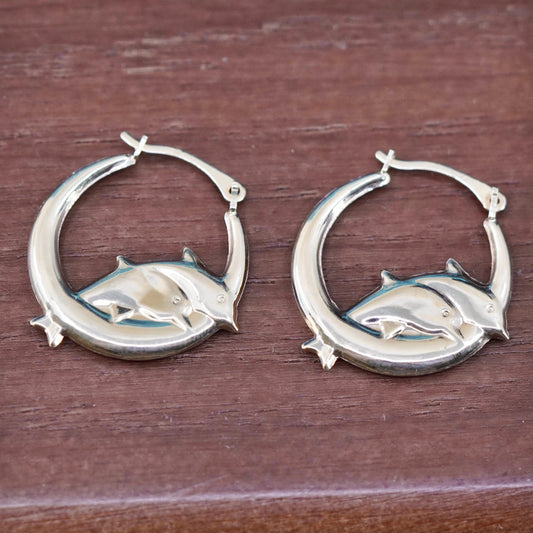 vintage 14K yellow gold with 925 sterling silver earrings, couple dolphin hoops