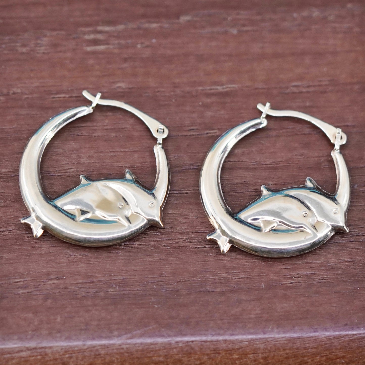 vintage 14K yellow gold with 925 sterling silver earrings, couple dolphin hoops