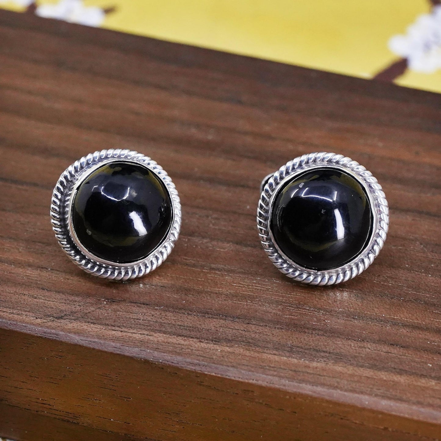 Vintage Mexican Sterling 925 silver handmade screw back earrings w/ black onyx