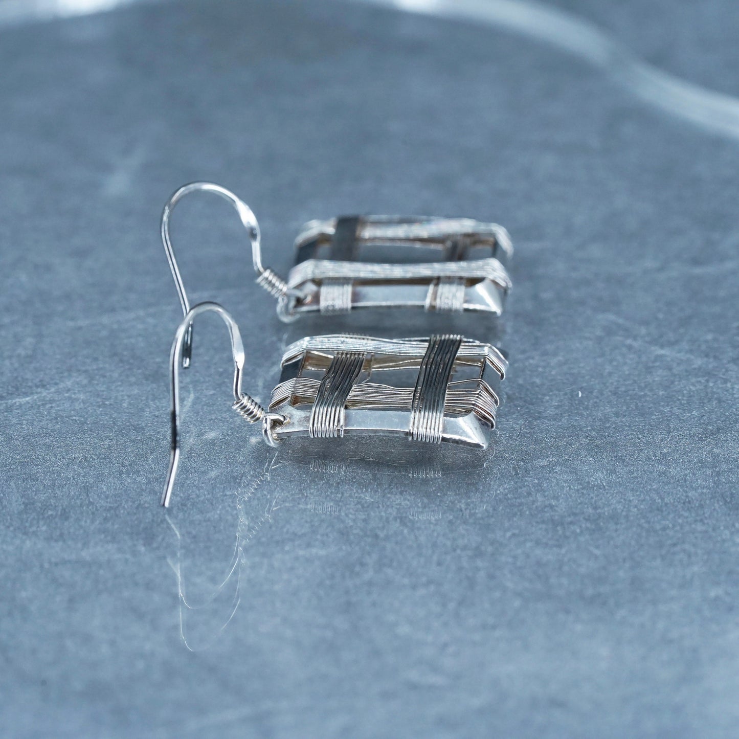 vintage Sterling silver handmade earrings, wired 925 square dangled
