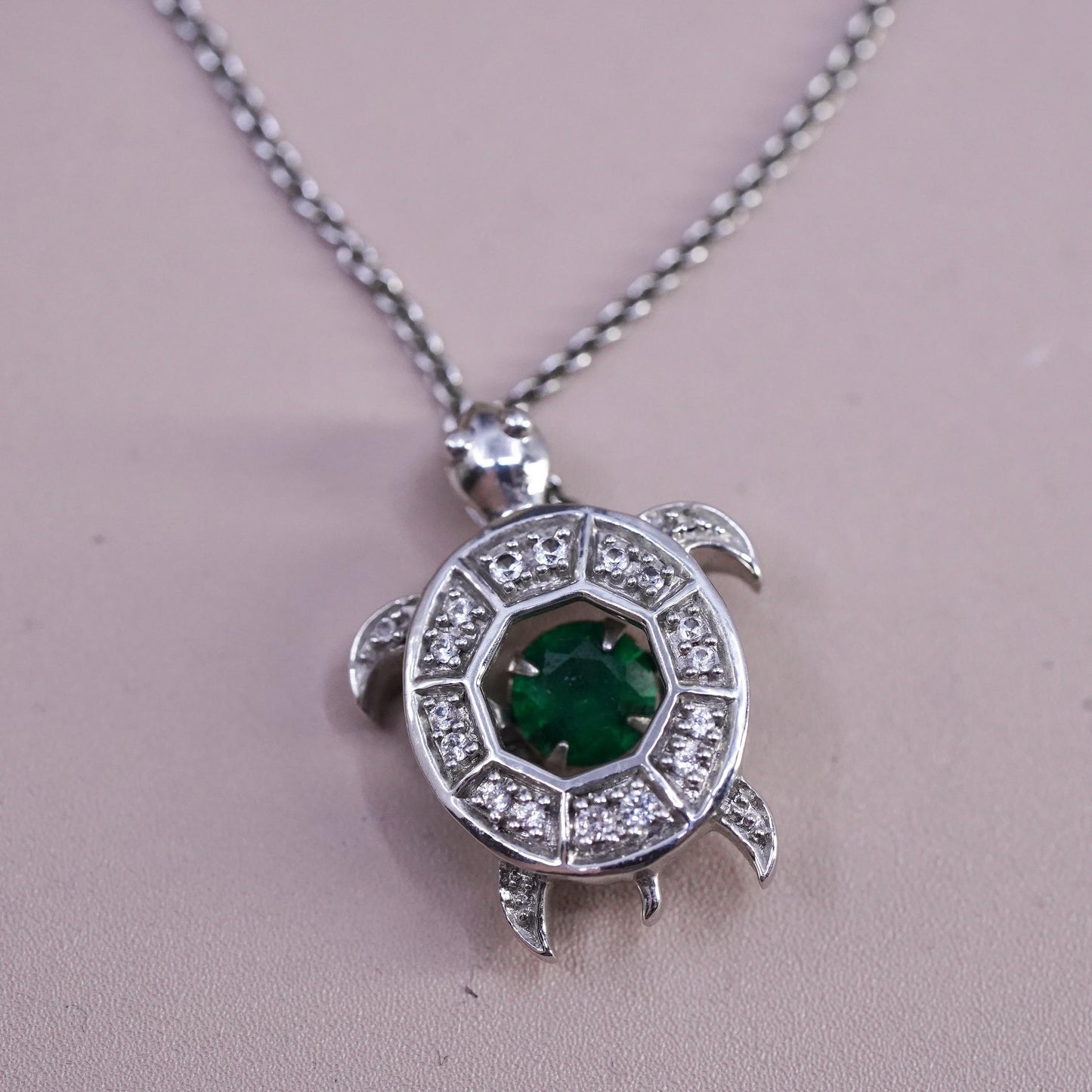 18" Sterling 925 silver circle necklace cluster diamonds emerald turtle pendant