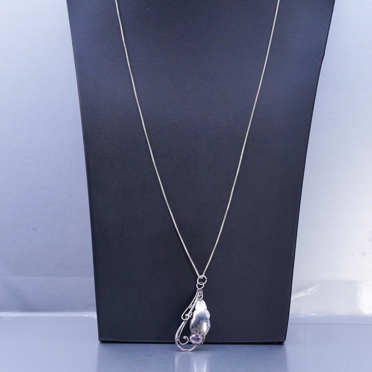 24", Vintage Sterling 925 silver box chain necklace teardrop amethyst pendant
