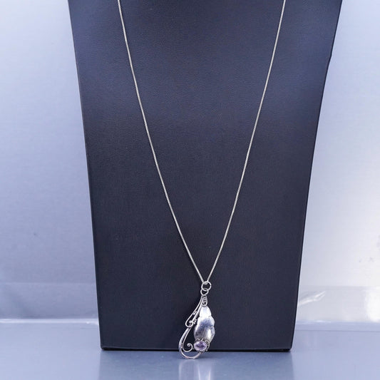24", Vintage Sterling 925 silver box chain necklace teardrop amethyst pendant