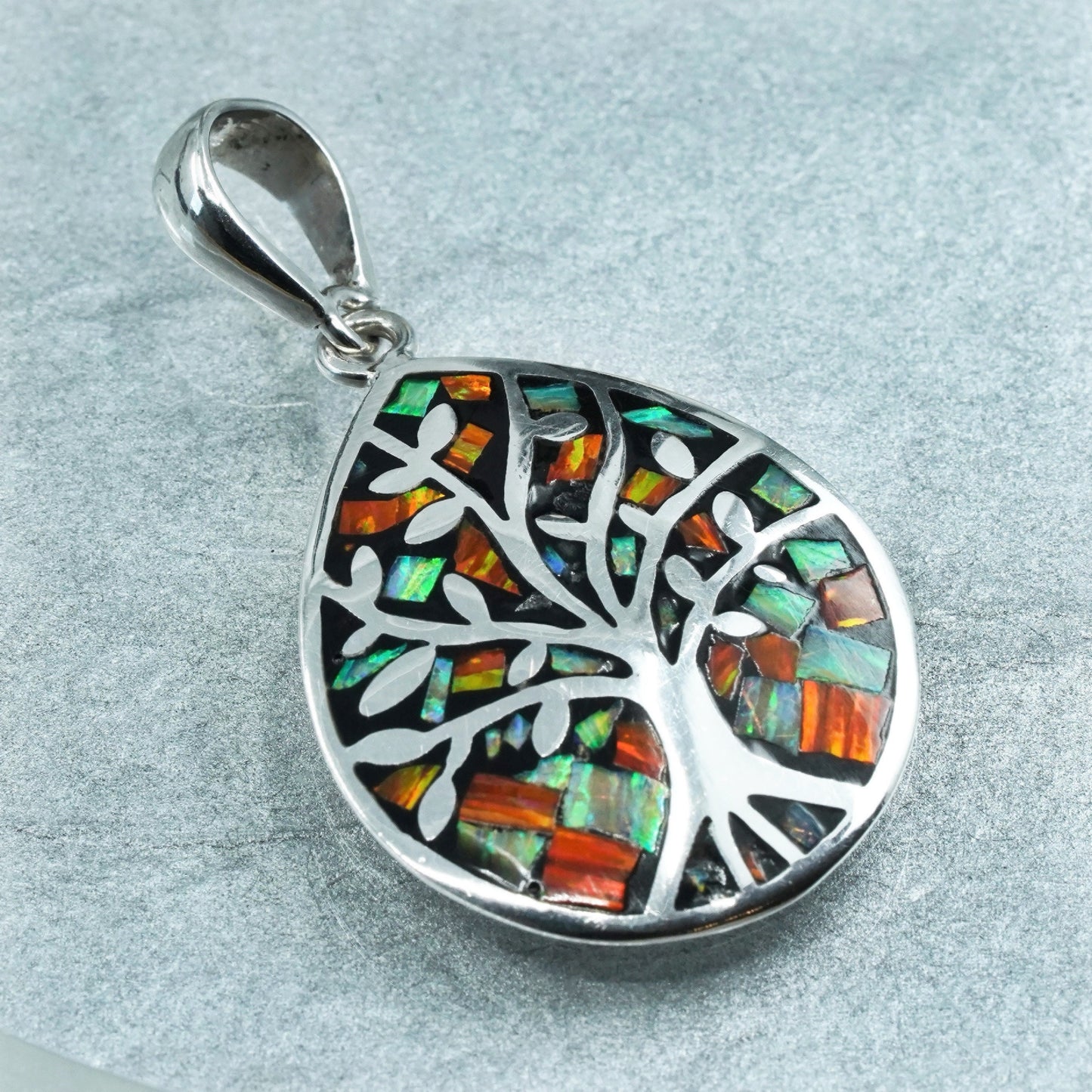 vintage southwestern sterling 925 silver family tree pendant with opal inlay