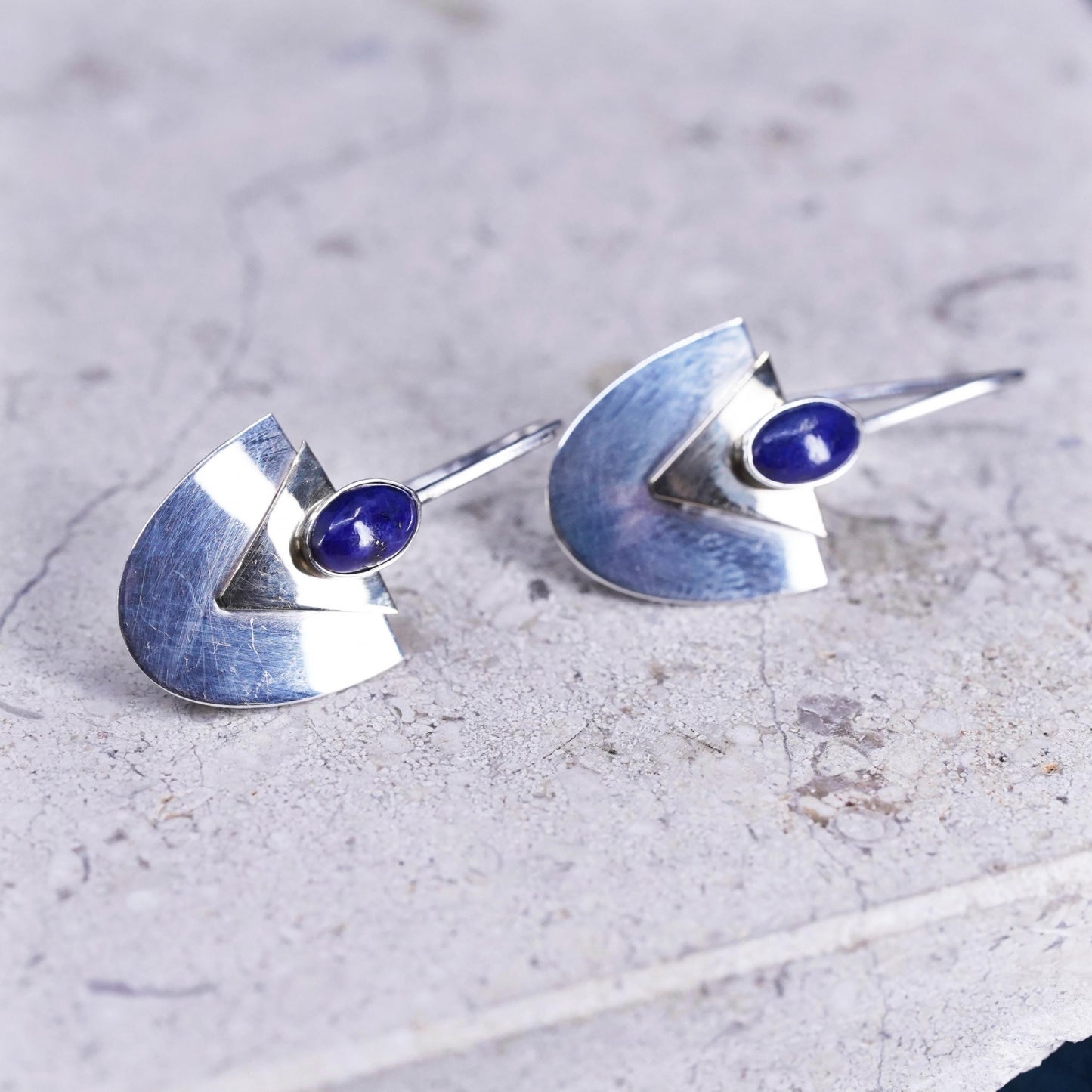 Vintage modern sterling silver earrings, 925 two tone discs with lapis lazuli