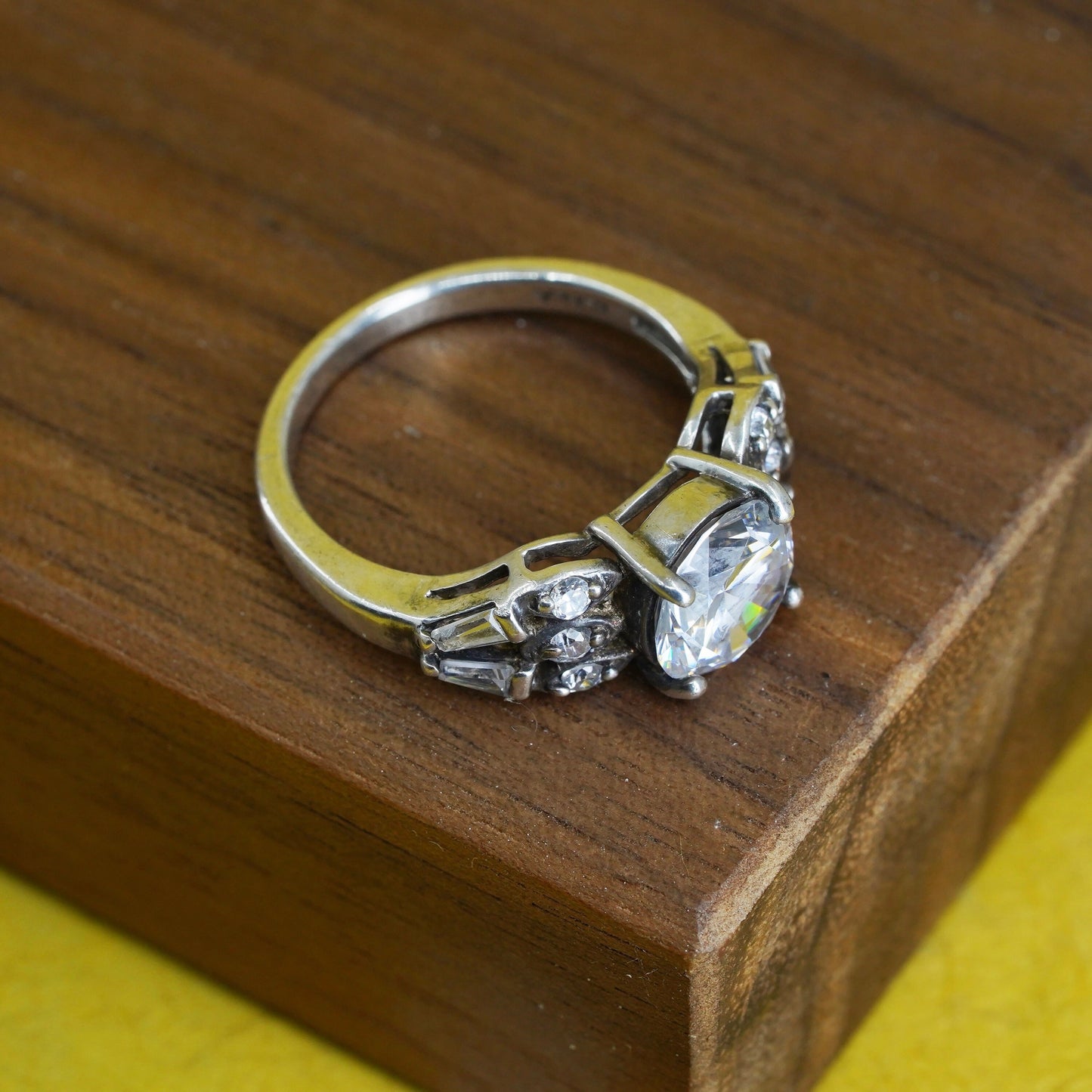 Size 6.25, vintage Sterling 925 silver anniversary engagement ring cluster cz