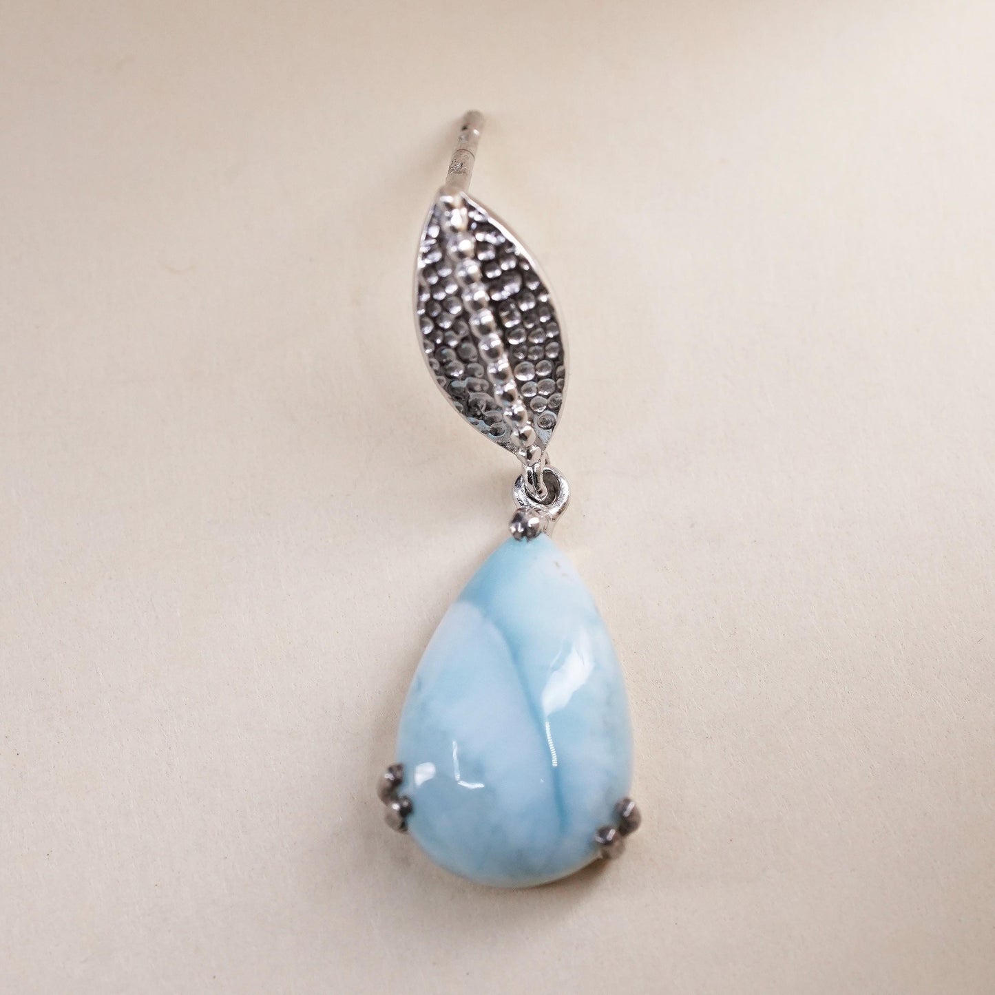 Vintage handmade single earring. Sterling 925 silver teardrop dangle larimar