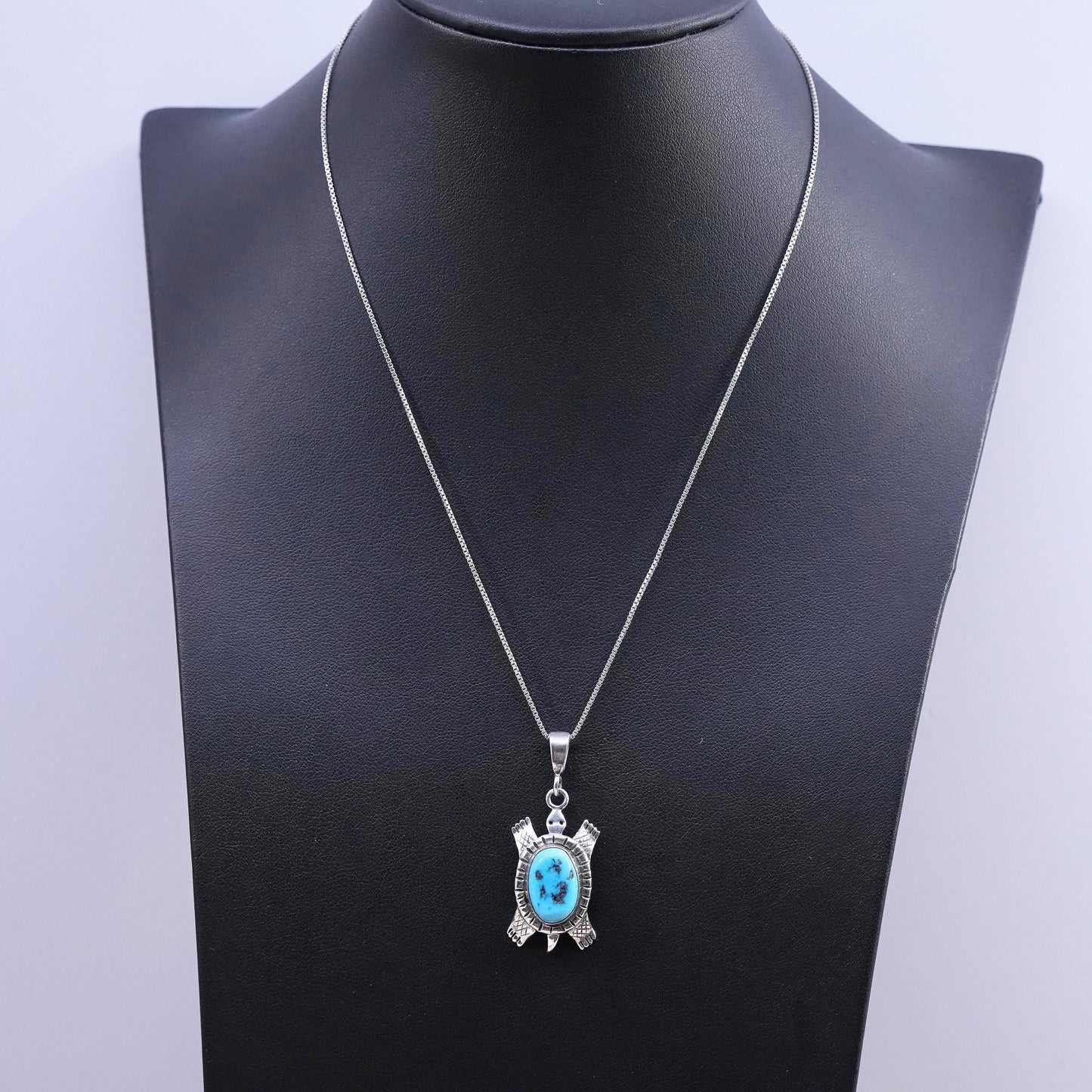 16” Native American Frederick Chavez Sterling 925 silver box necklace turtle