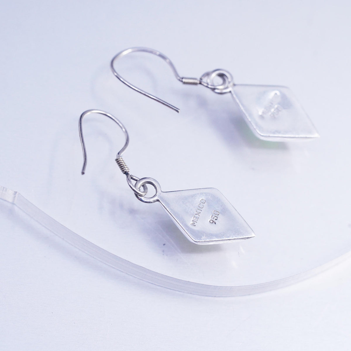 Vintage Sterling Silver Diamond shaped Earrings, 950 Silver Dangle Opal inlay