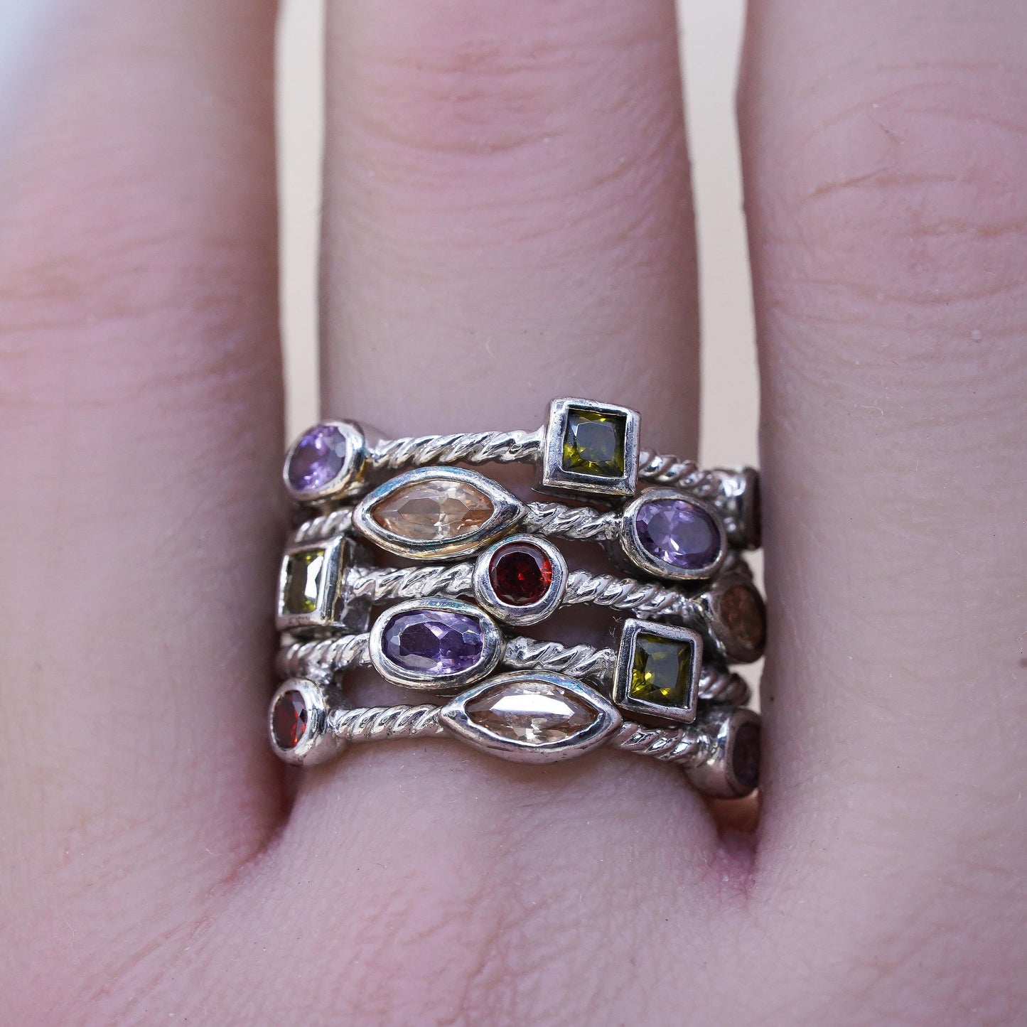 Size 9, 925 Sterling Silver Multi Gemstone Wide Cable Band Ring, Peridot Topaz
