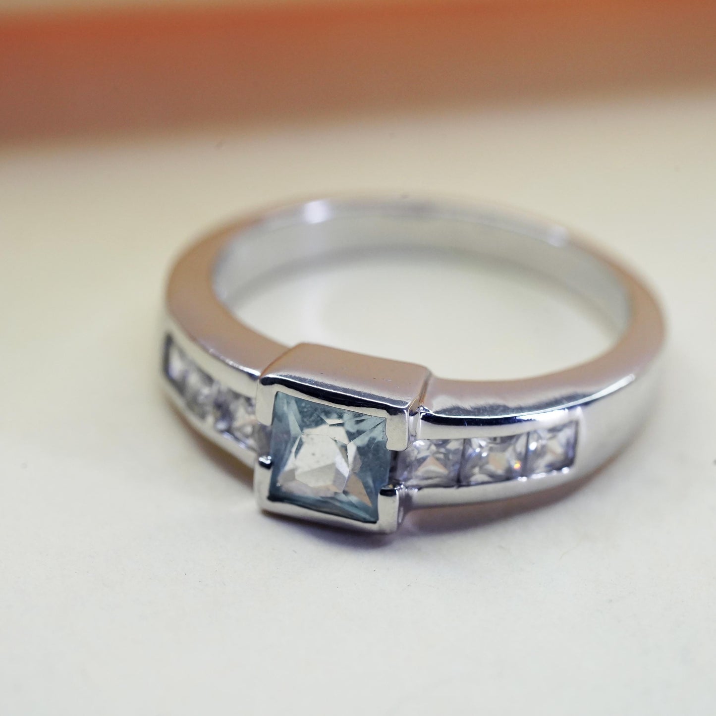 Size 7, vintage sterling 925 silver handmade stackable band ring square topaz