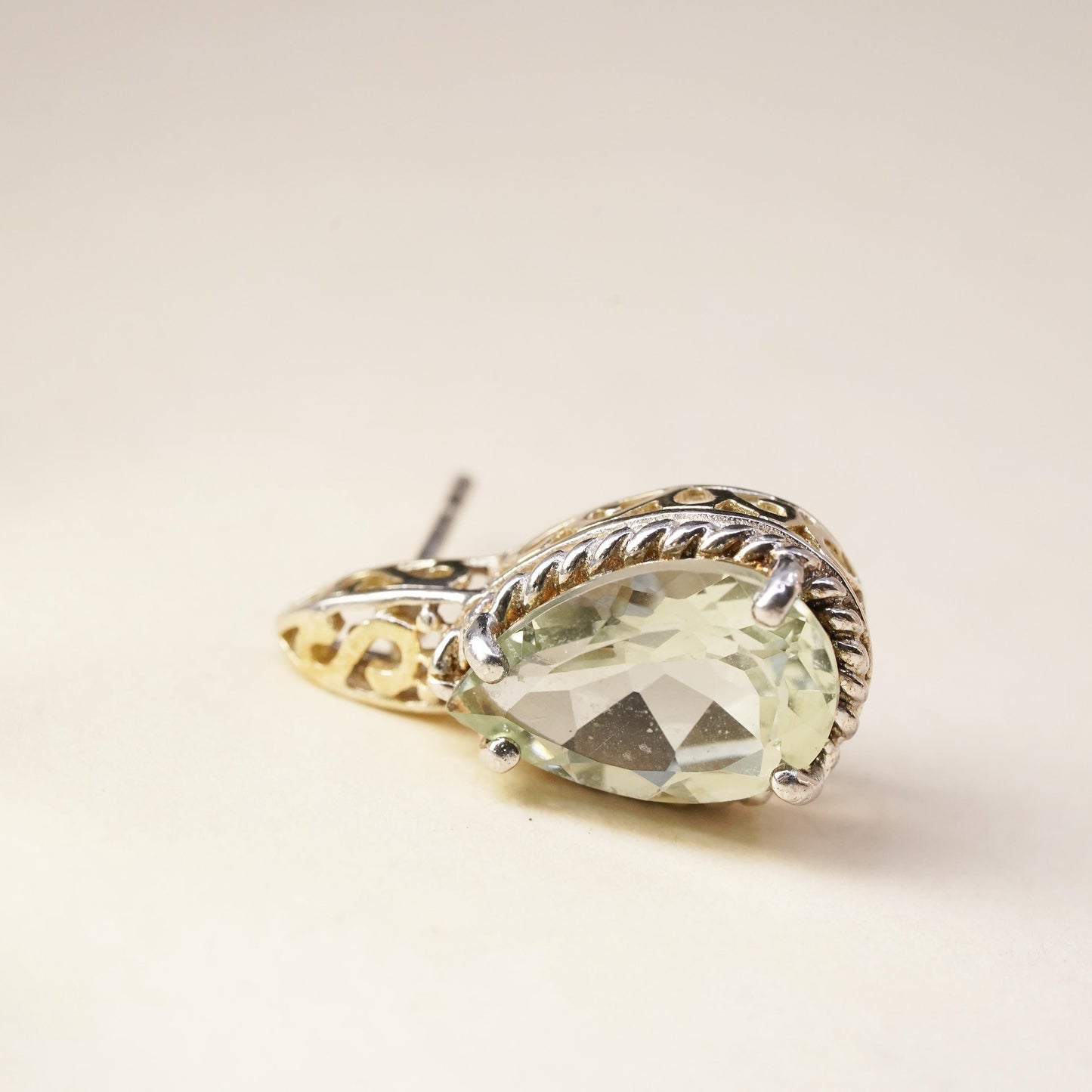 Vintage two tone single earring. Sterling 925 silver teardrop stud chalcedony