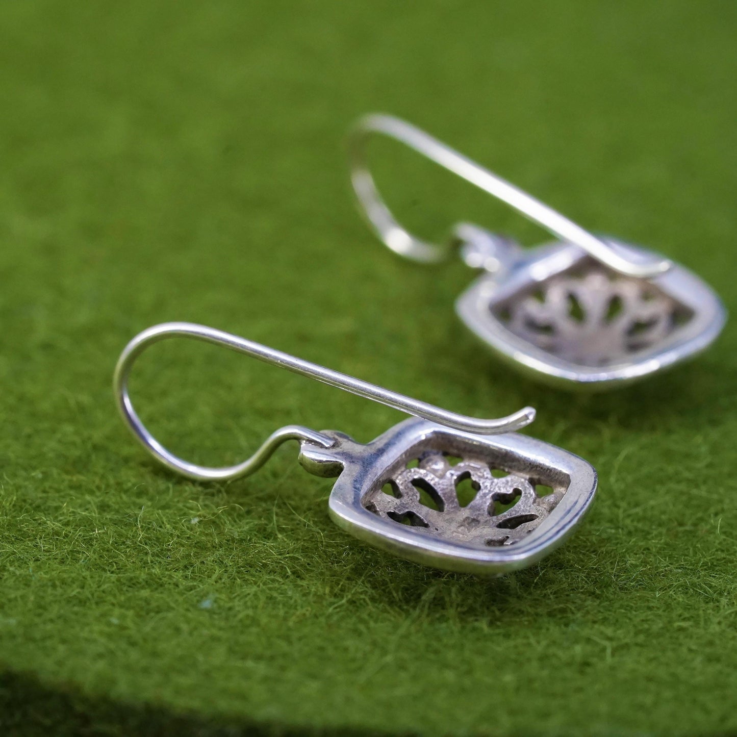 Vintage Sterling 925 silver handmade square filigree earrings with cross