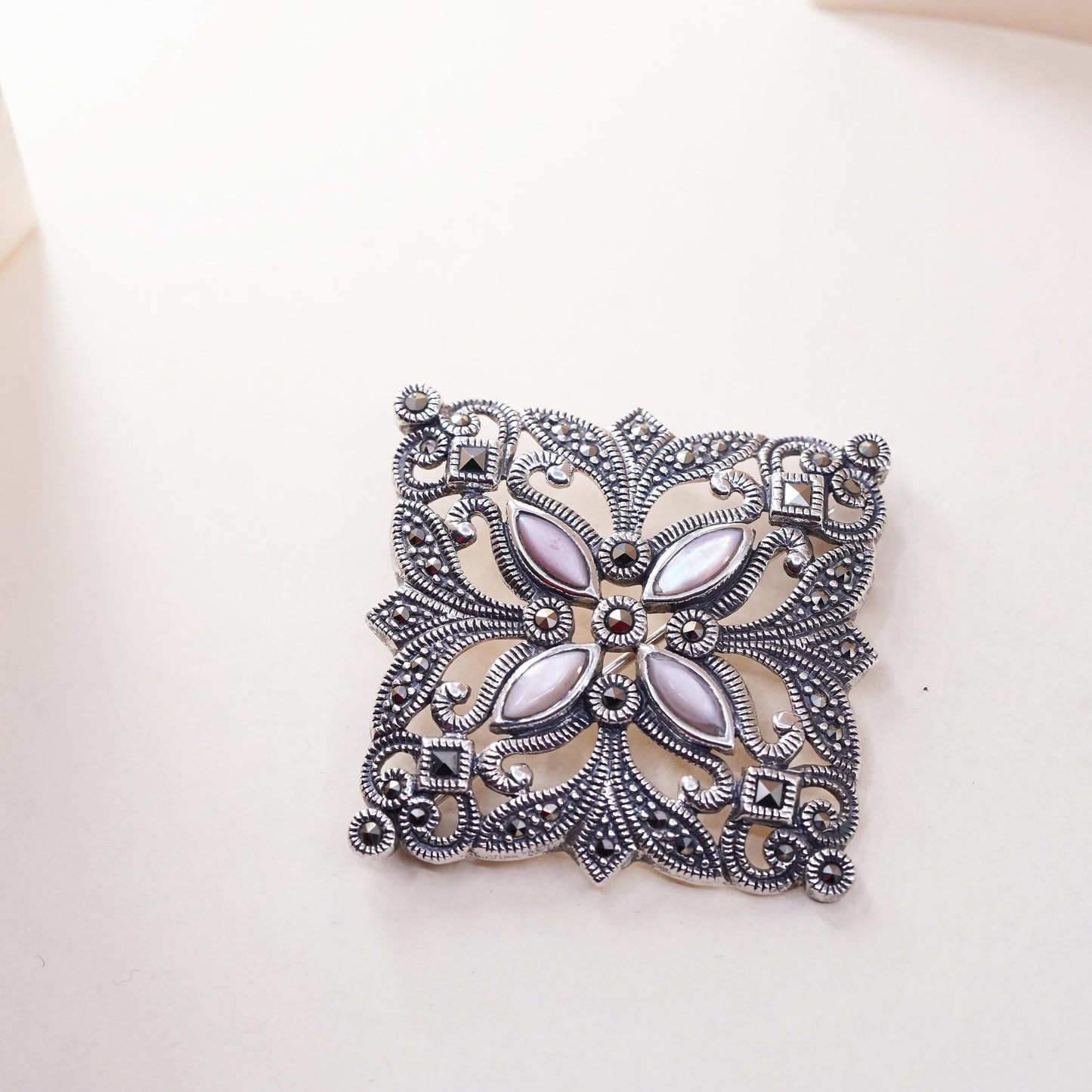 1.5”, Sterling silver brooch, 925 butterfly pendant mother of pearl marcasite