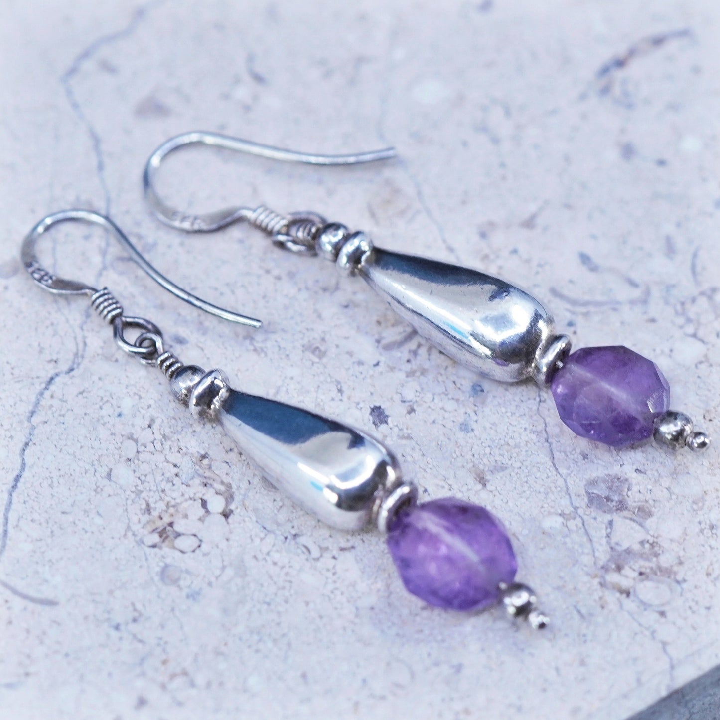 Vintage sterling 925 silver handmade teardrop earrings with amethyst