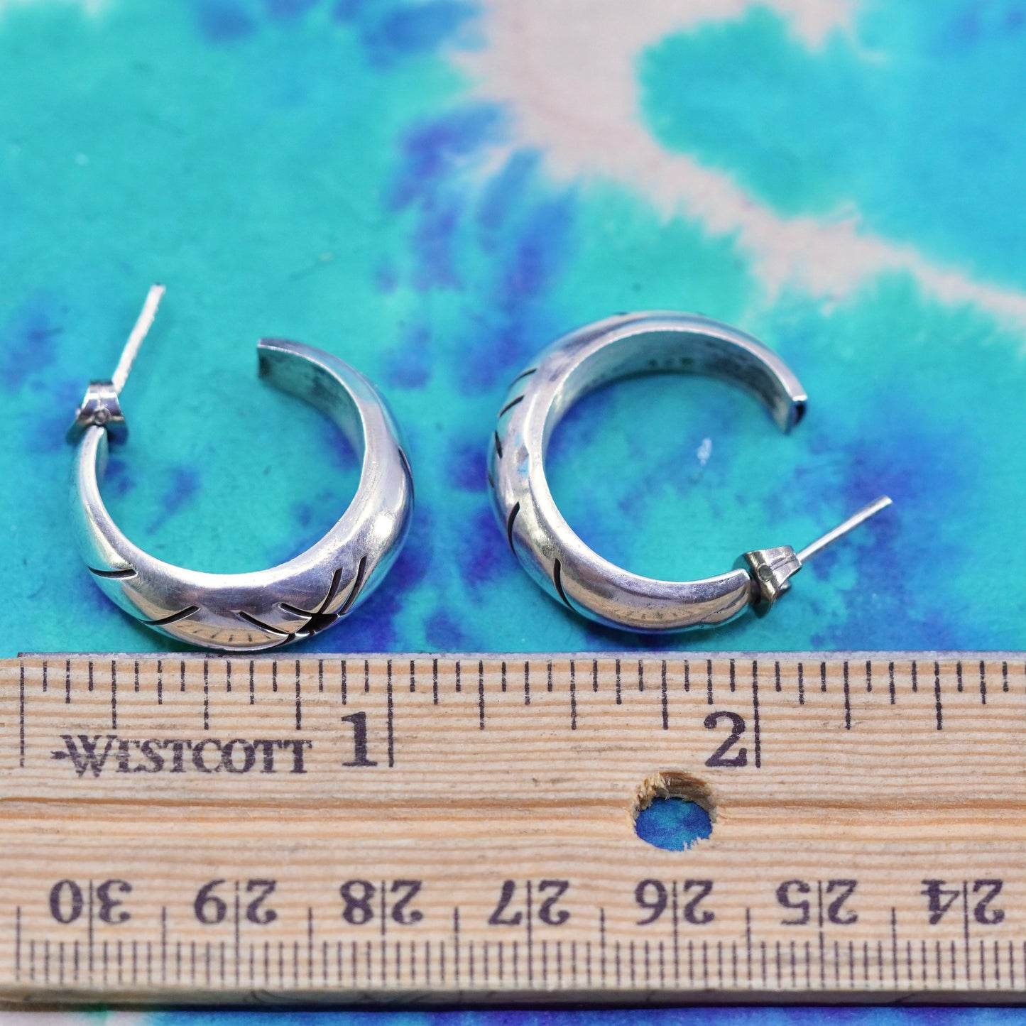 1”, Mexico Sterling silver handmade earrings, 925 Huggie studs pattern cut out