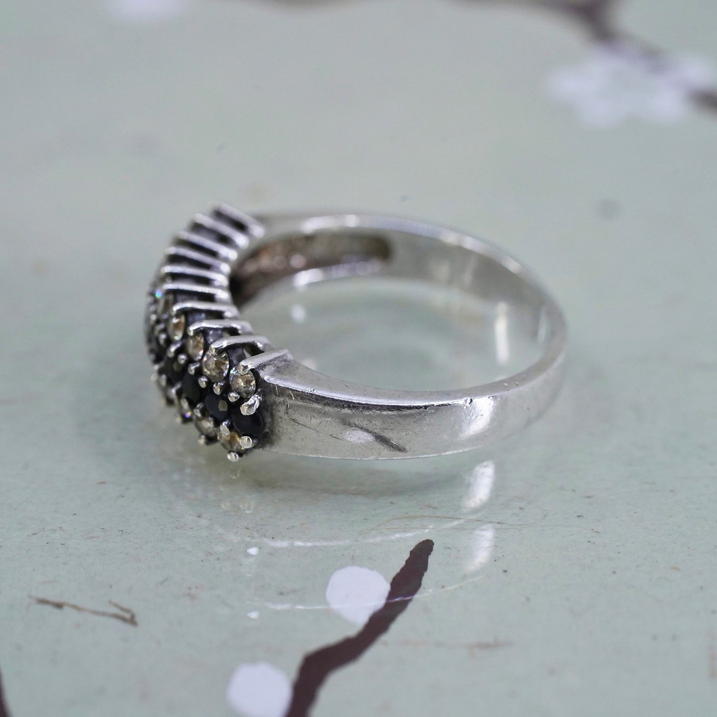 Size 8, Sterling 925 silver ring with cluster sapphire and cz, statement band