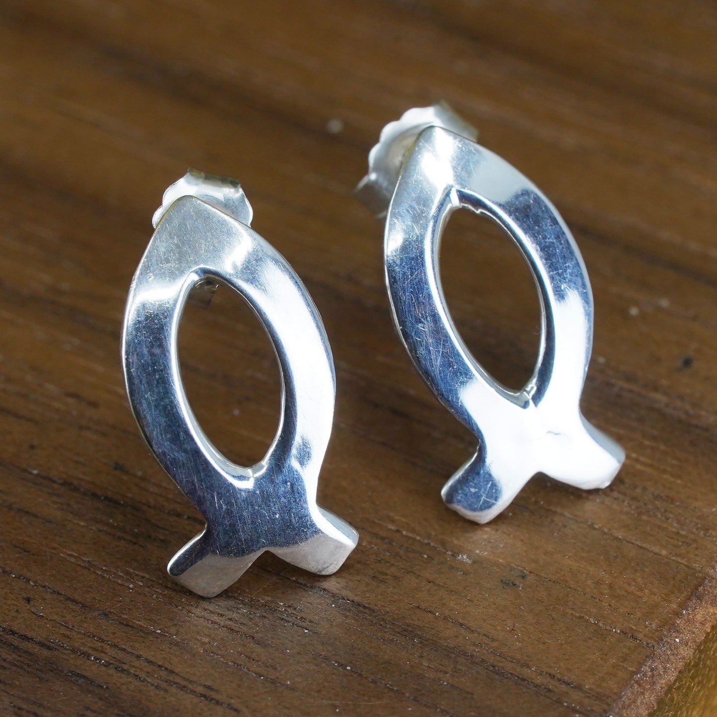 Vintage Sterling silver handmade fish studs, 925 earrings