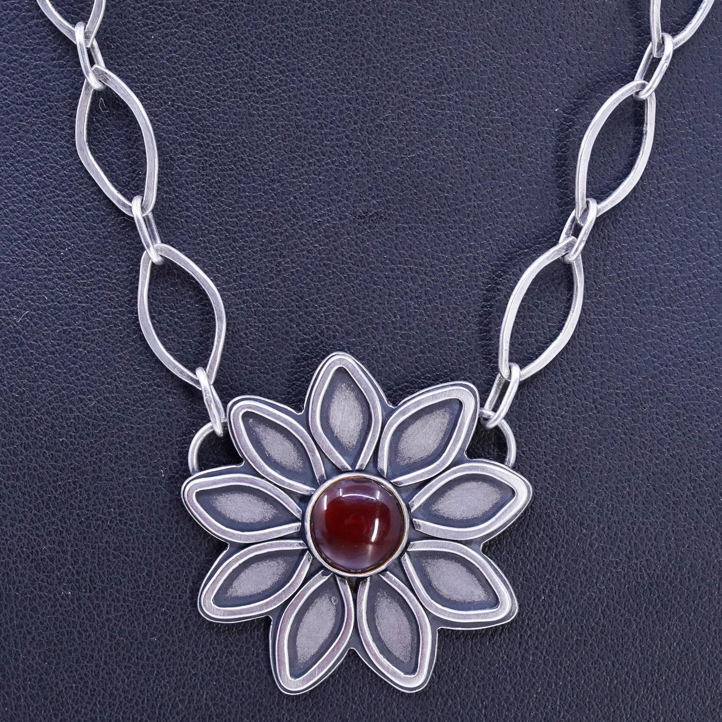 18", ALT matte Sterling 925 Silver flatten necklace garnet sunflower pendant