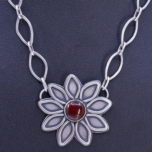 18", ALT matte Sterling 925 Silver flatten necklace garnet sunflower pendant