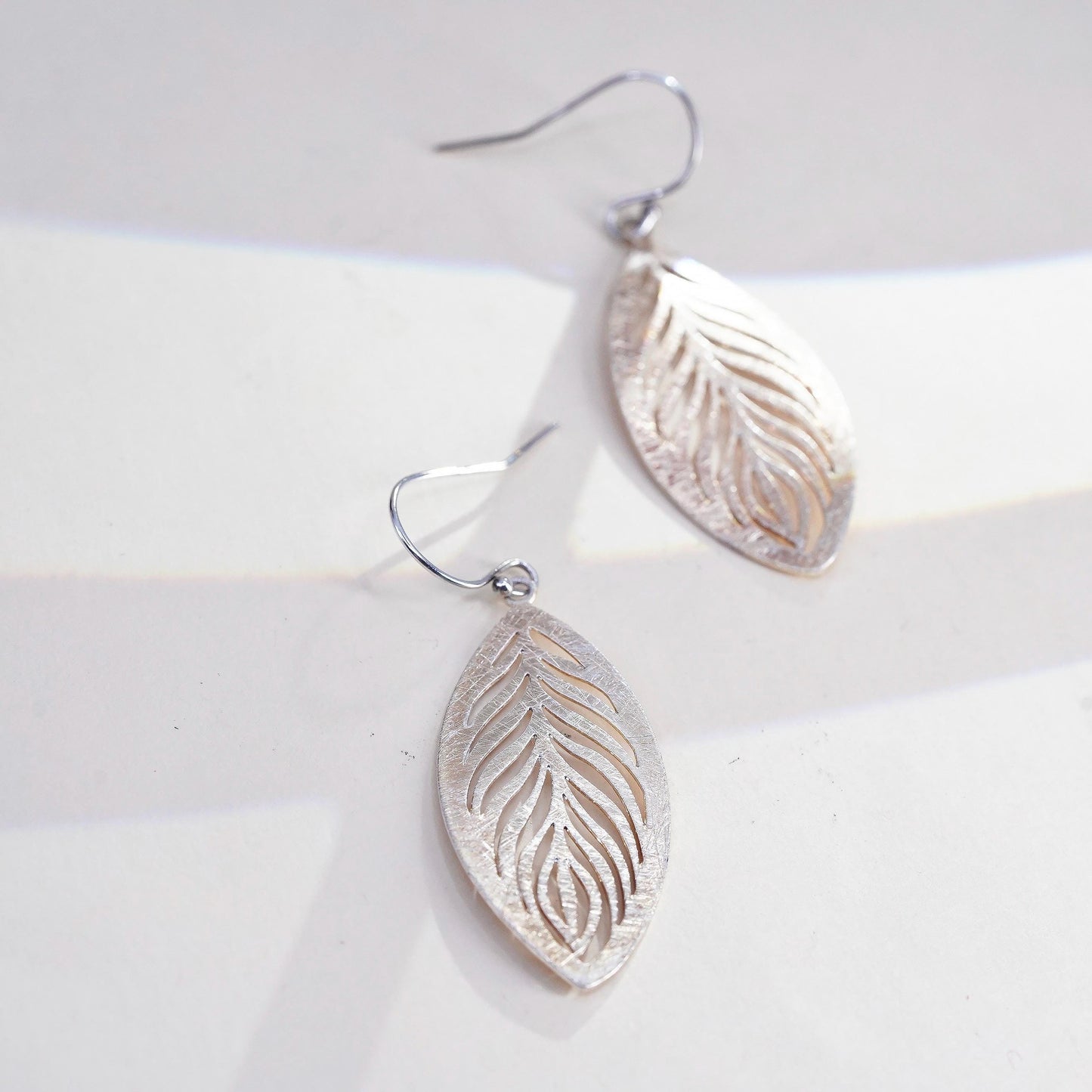 Vintage two tone Sterling silver handmade earrings, matte leaf openwork drops