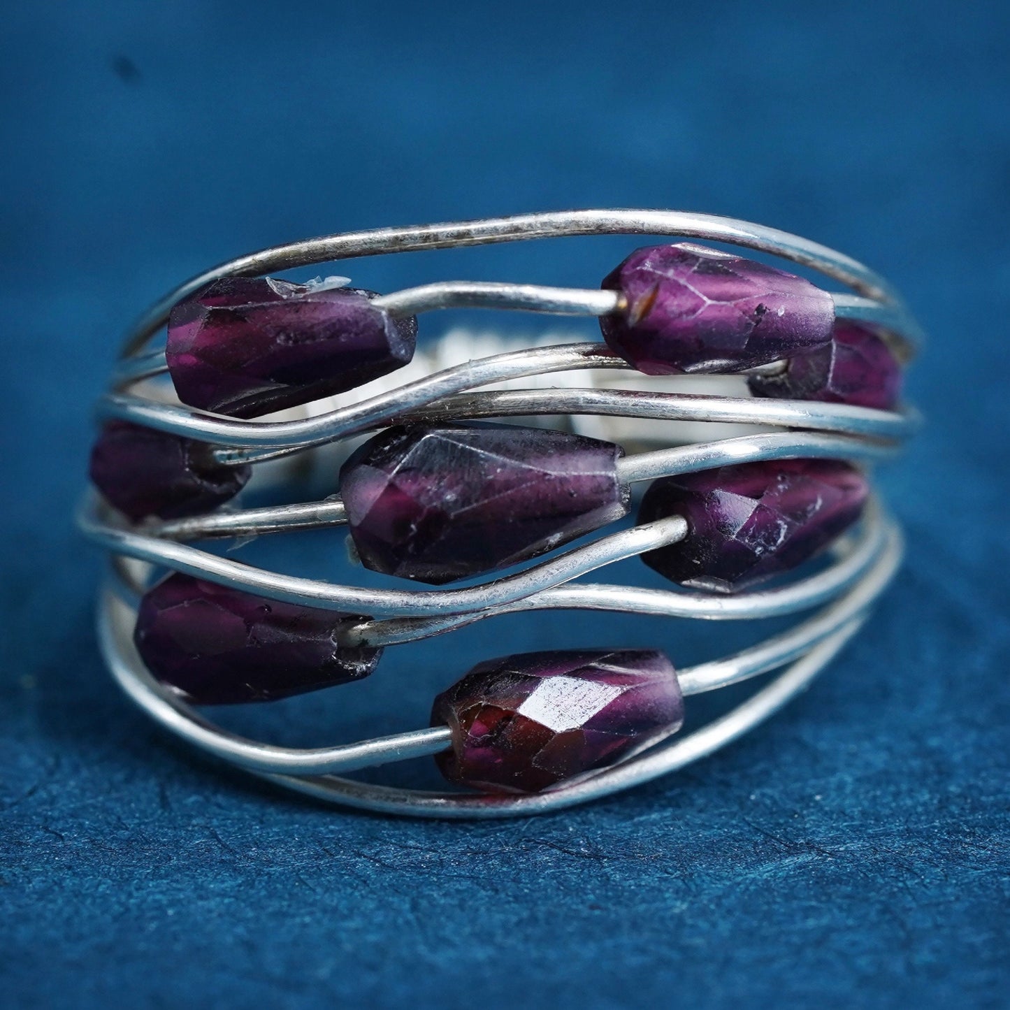 Size 5.5, vintage sterling silver handmade ring, 925 wired ring with ruby beads