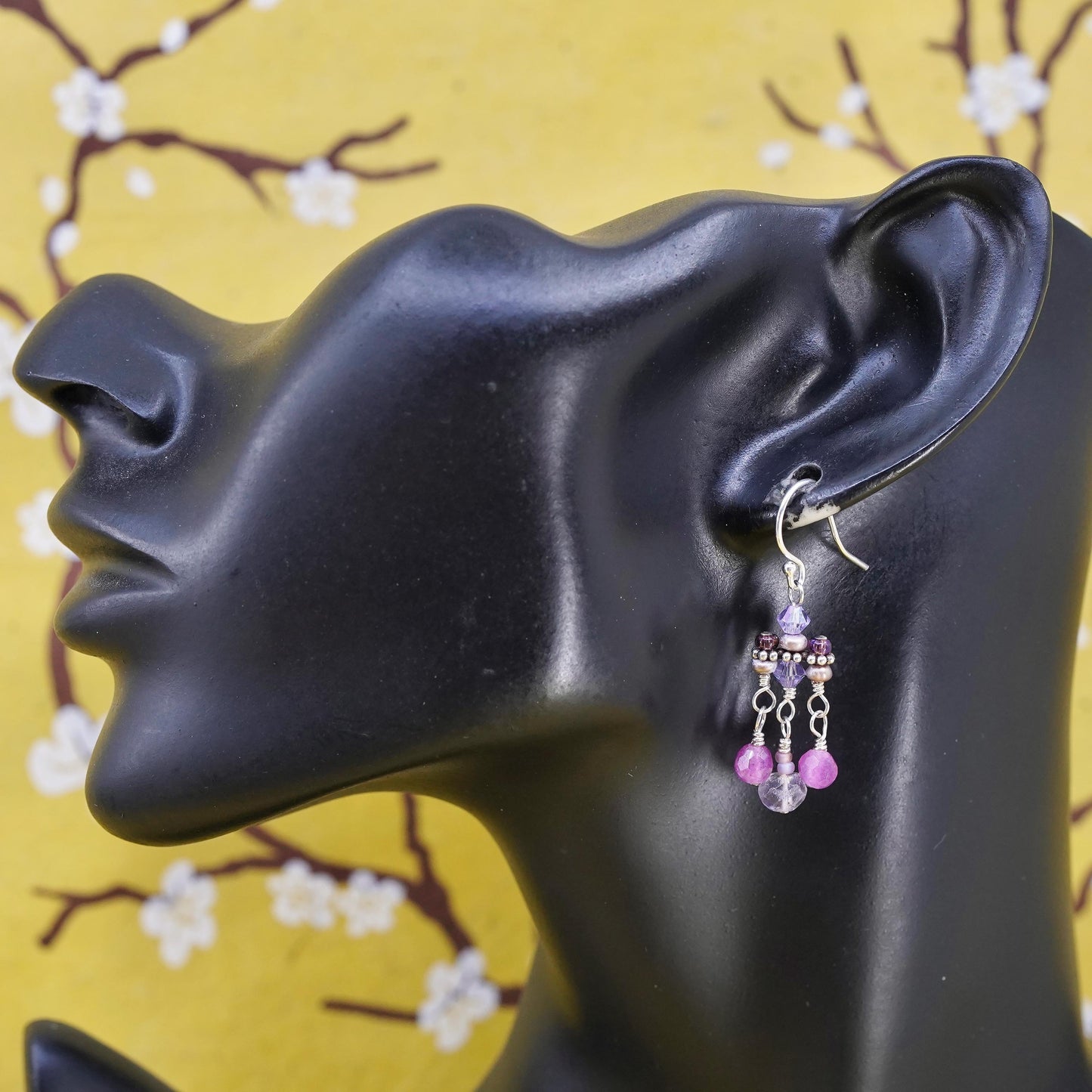 Vintage Sterling 925 silver handmade earrings with crystal and ruby beads