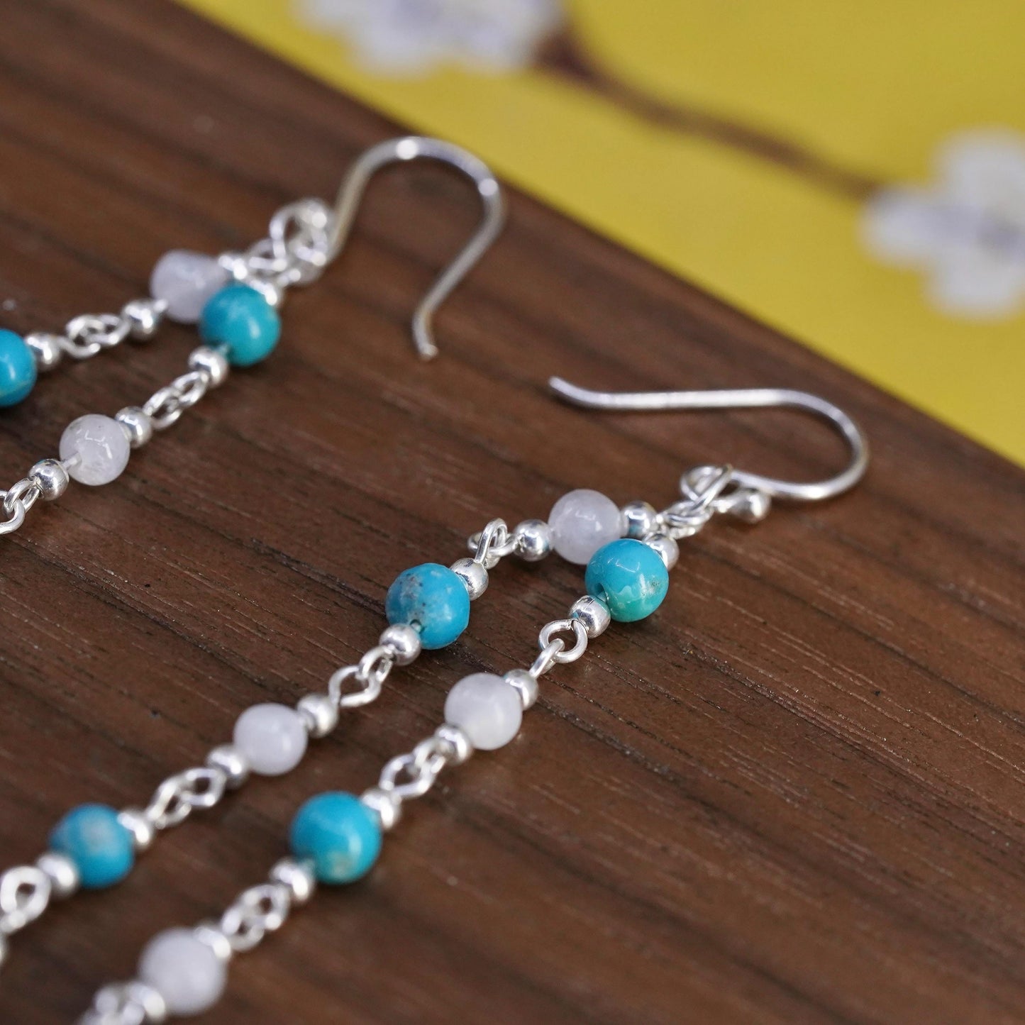 Vintage Sterling 925 silver handmade long earrings w/ turquoise moonstone bead